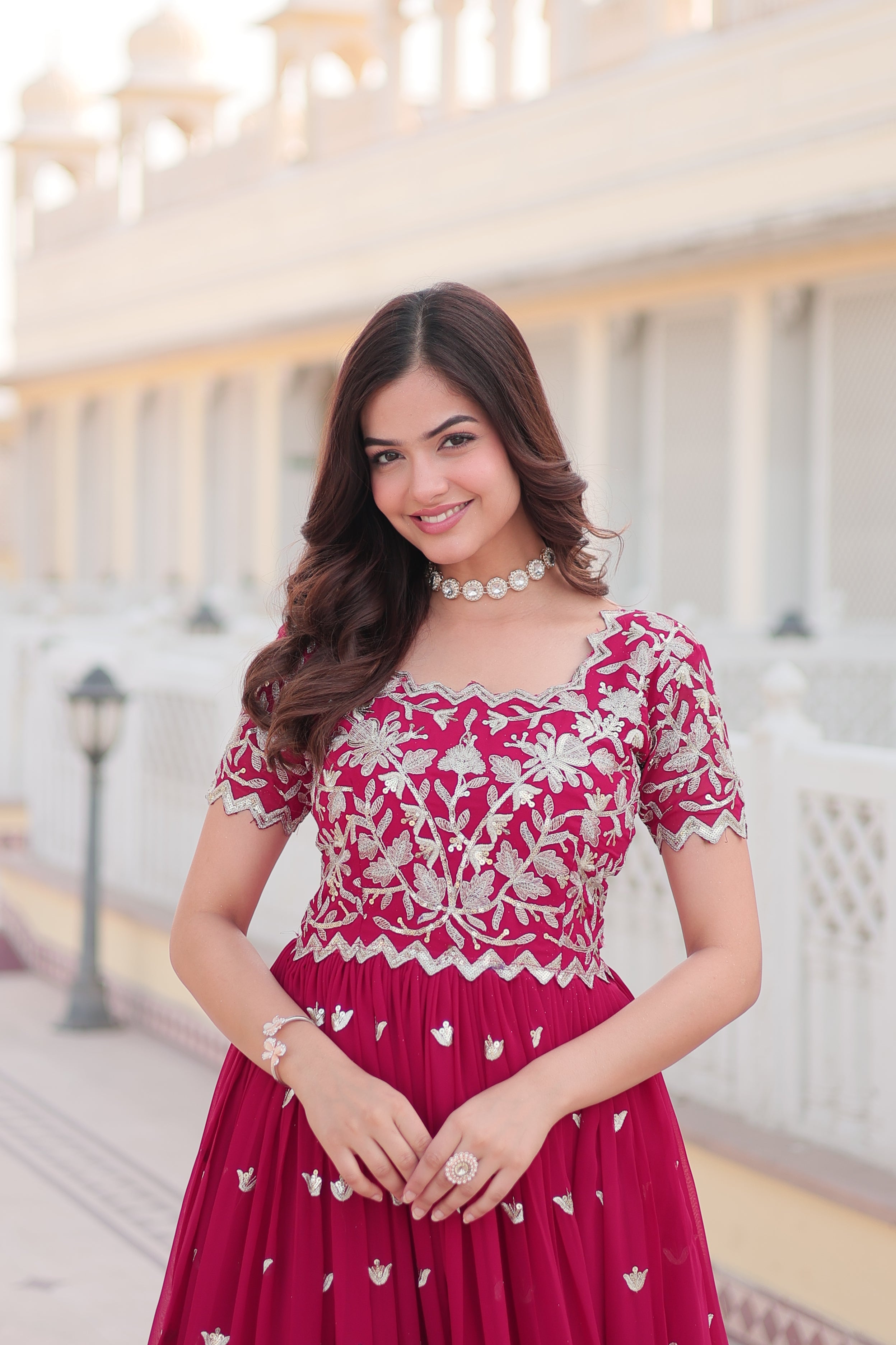 Teeya Creation Pink Color Faux Georgette Embroidery Sequence Work Fully Stitched Gown | Grocsy