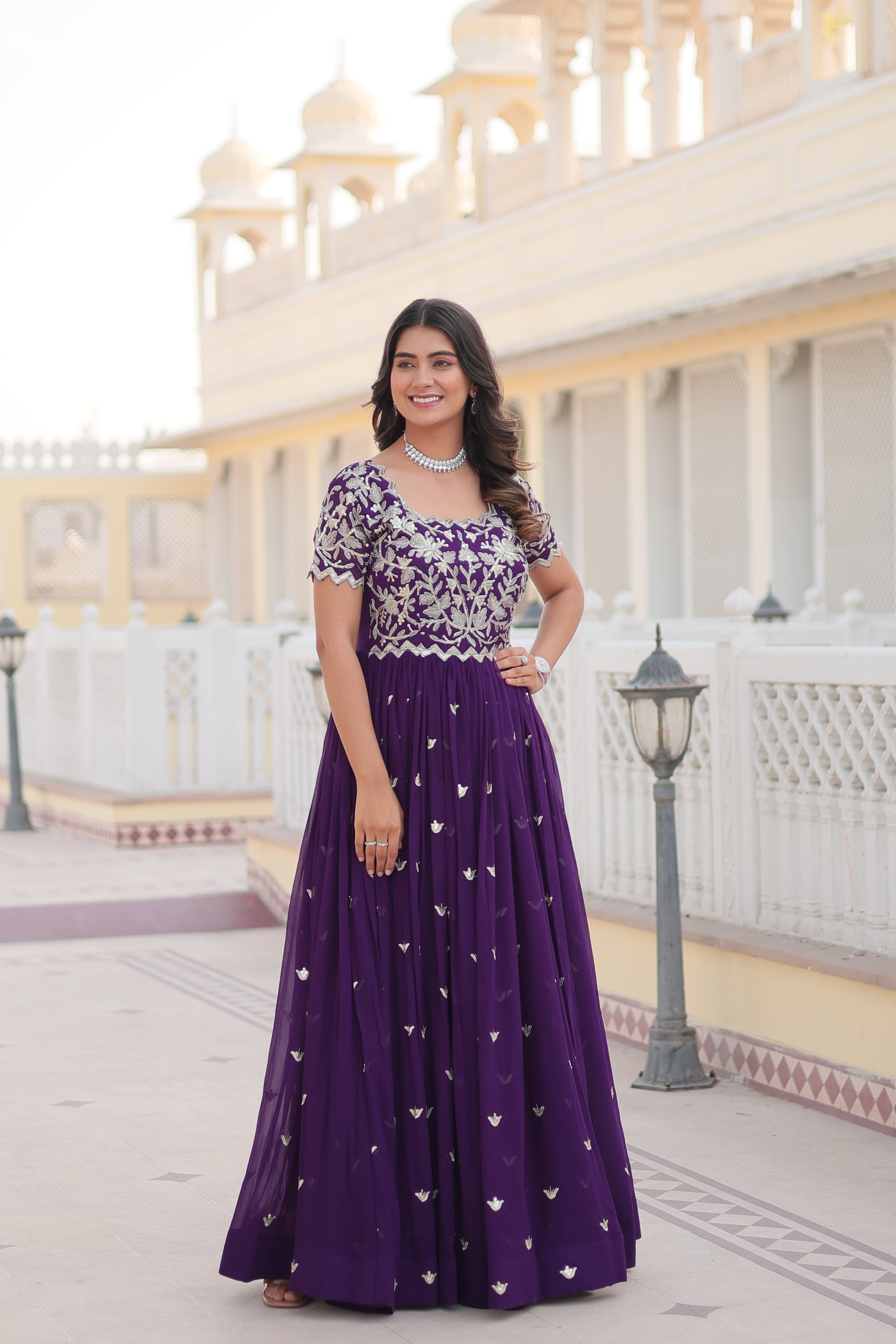 Teeya Creation Purple Color Faux Georgette Embroidery Sequence Work Fully Stitched Gown | Grocsy