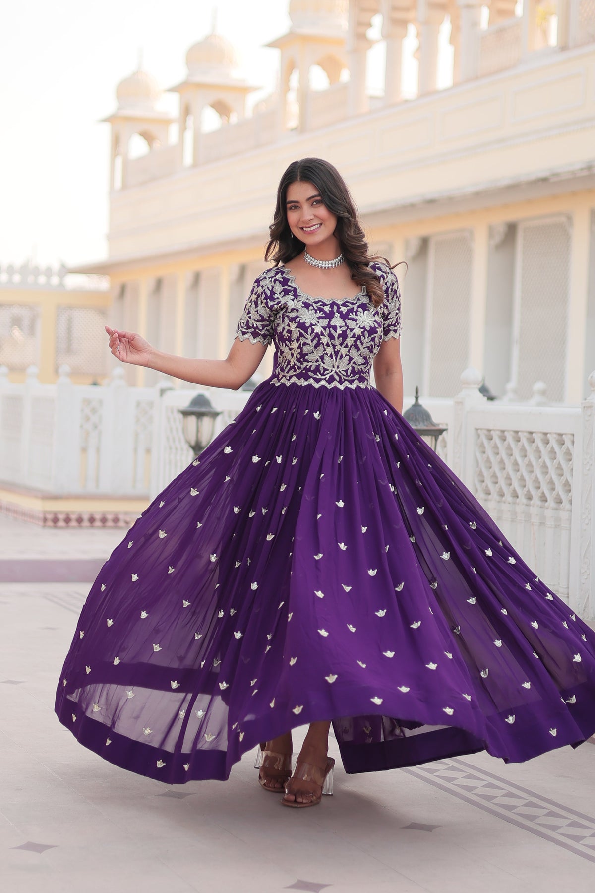 Teeya Creation Purple Color Faux Georgette Embroidery Sequence Work Fully Stitched Gown | Grocsy