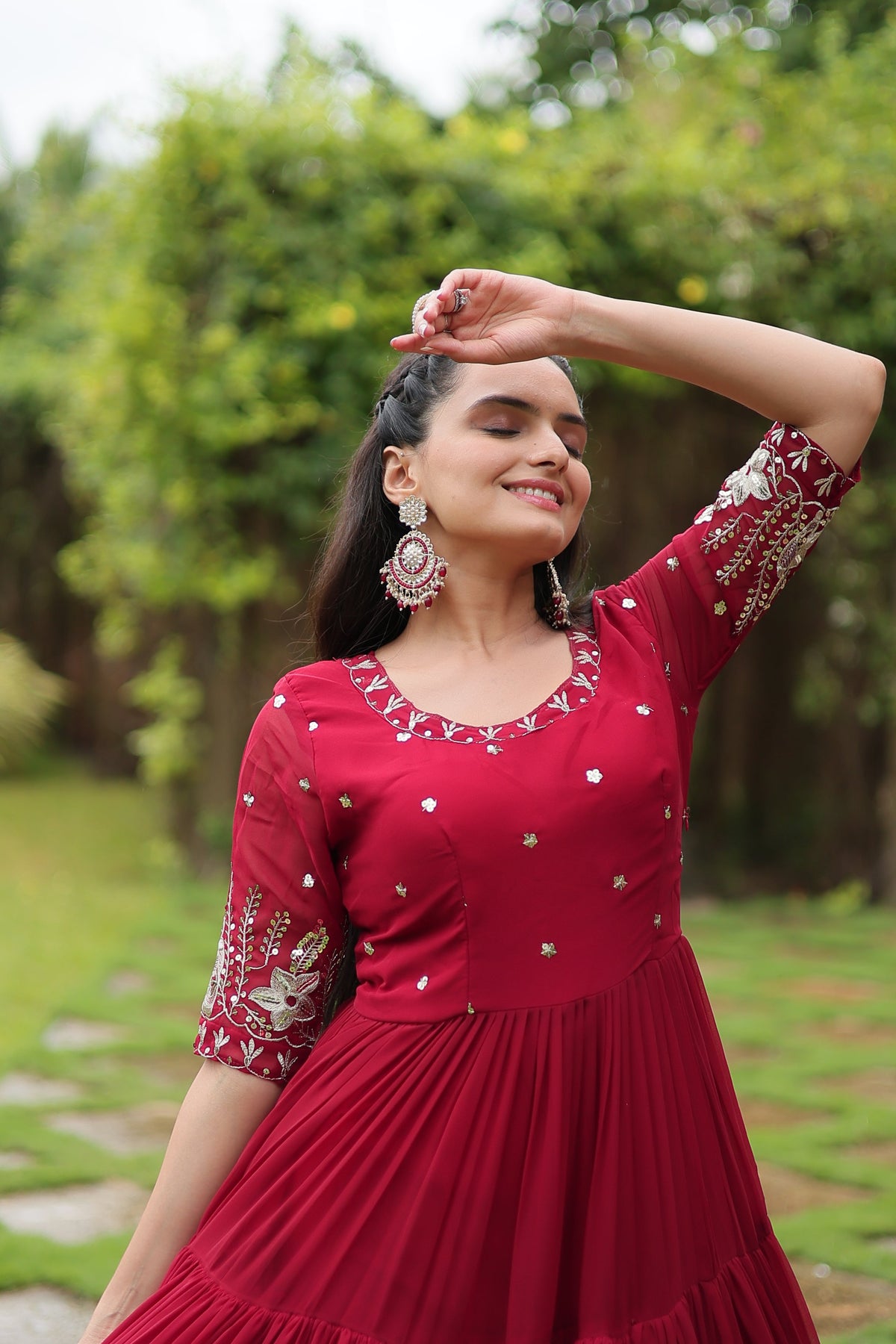Teeya Creation Maroon Color Faux Georgette Embroidery Sequence Work Fully Stitched Gown | Grocsy