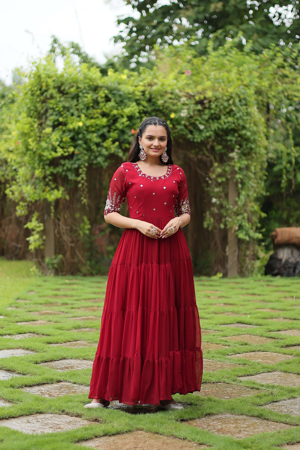 Teeya Creation Maroon Color Faux Georgette Embroidery Sequence Work Fully Stitched Gown | Grocsy