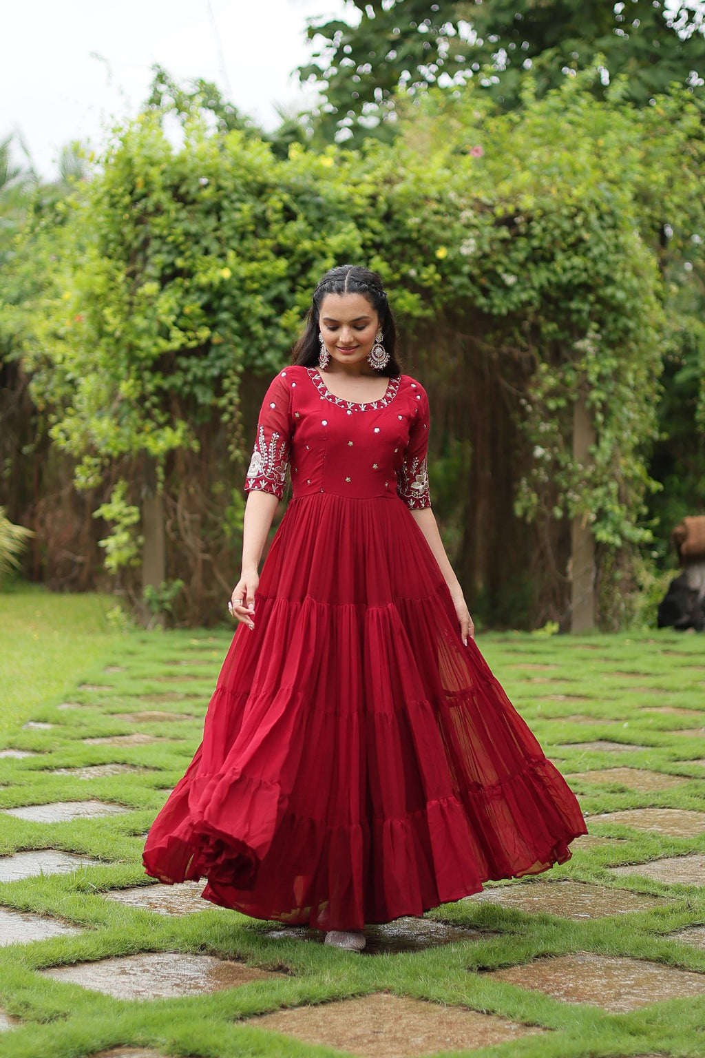 Teeya Creation Maroon Color Faux Georgette Embroidery Sequence Work Fully Stitched Gown | Grocsy