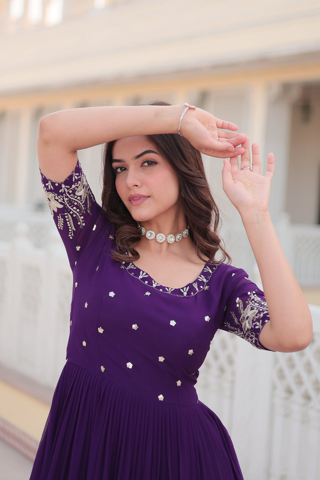 Teeya Creation Purple Color Faux Georgette Embroidery Sequence Work Fully Stitched Gown | Grocsy