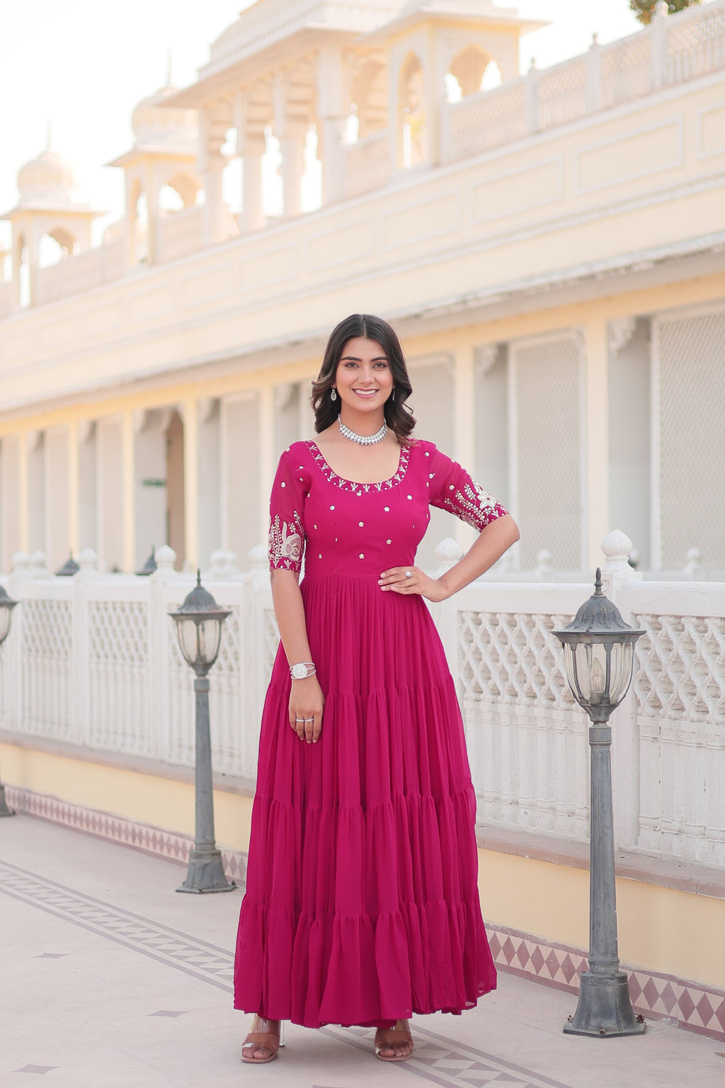 Teeya Creation Pink Color Faux Georgette Embroidery Sequence Work Fully Stitched Gown | Grocsy
