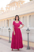 Teeya Creation Pink Color Faux Georgette Embroidery Sequence Work Fully Stitched Gown | Grocsy