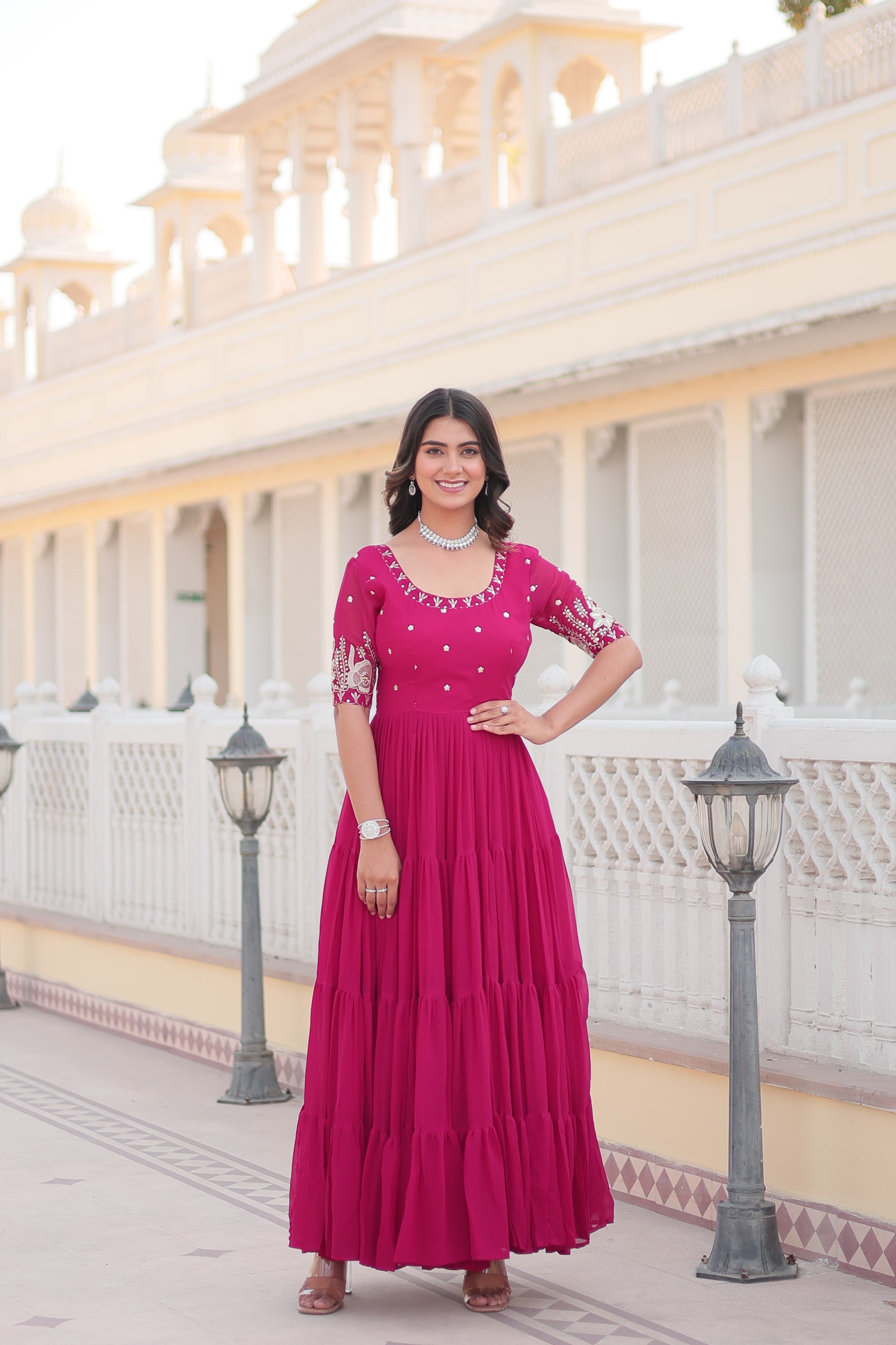 Teeya Creation Pink Color Faux Georgette Embroidery Sequence Work Fully Stitched Gown | Grocsy