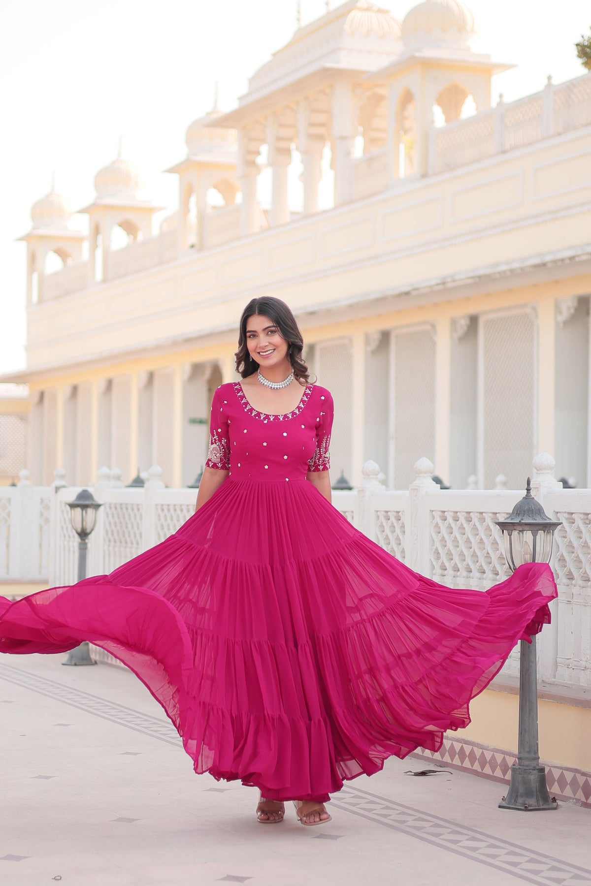 Teeya Creation Pink Color Faux Georgette Embroidery Sequence Work Fully Stitched Gown | Grocsy