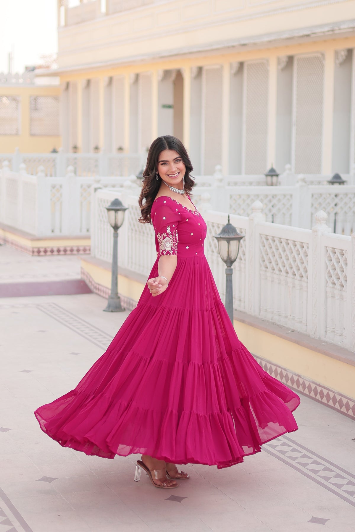 Teeya Creation Pink Color Faux Georgette Embroidery Sequence Work Fully Stitched Gown | Grocsy
