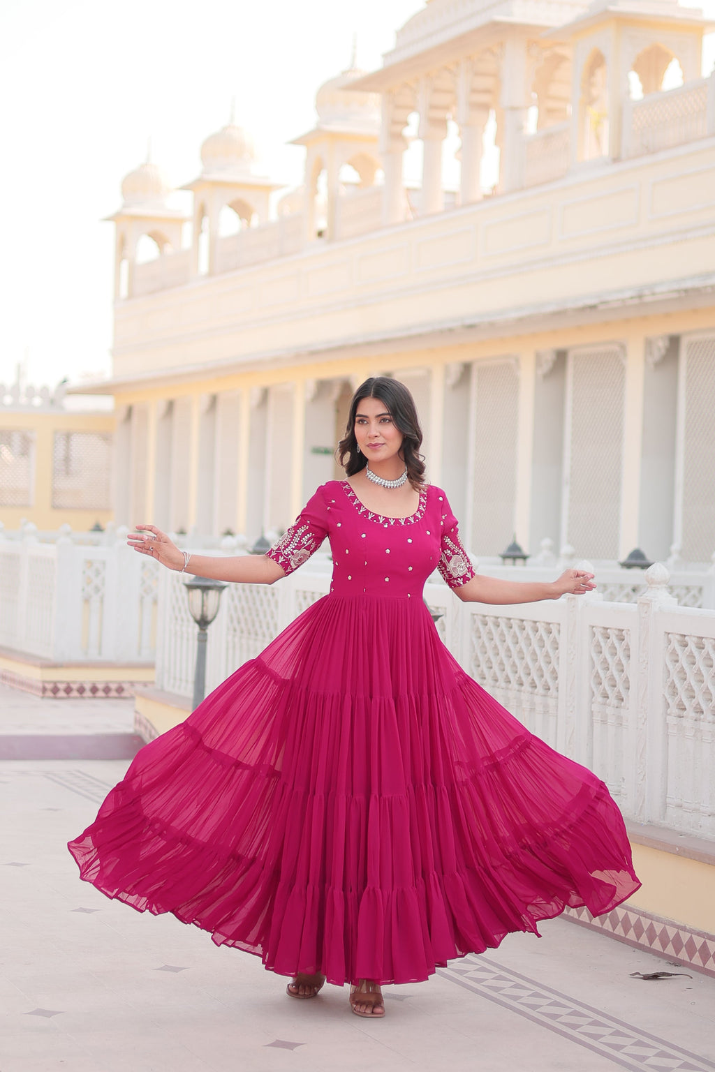 Teeya Creation Pink Color Faux Georgette Embroidery Sequence Work Fully Stitched Gown | Grocsy