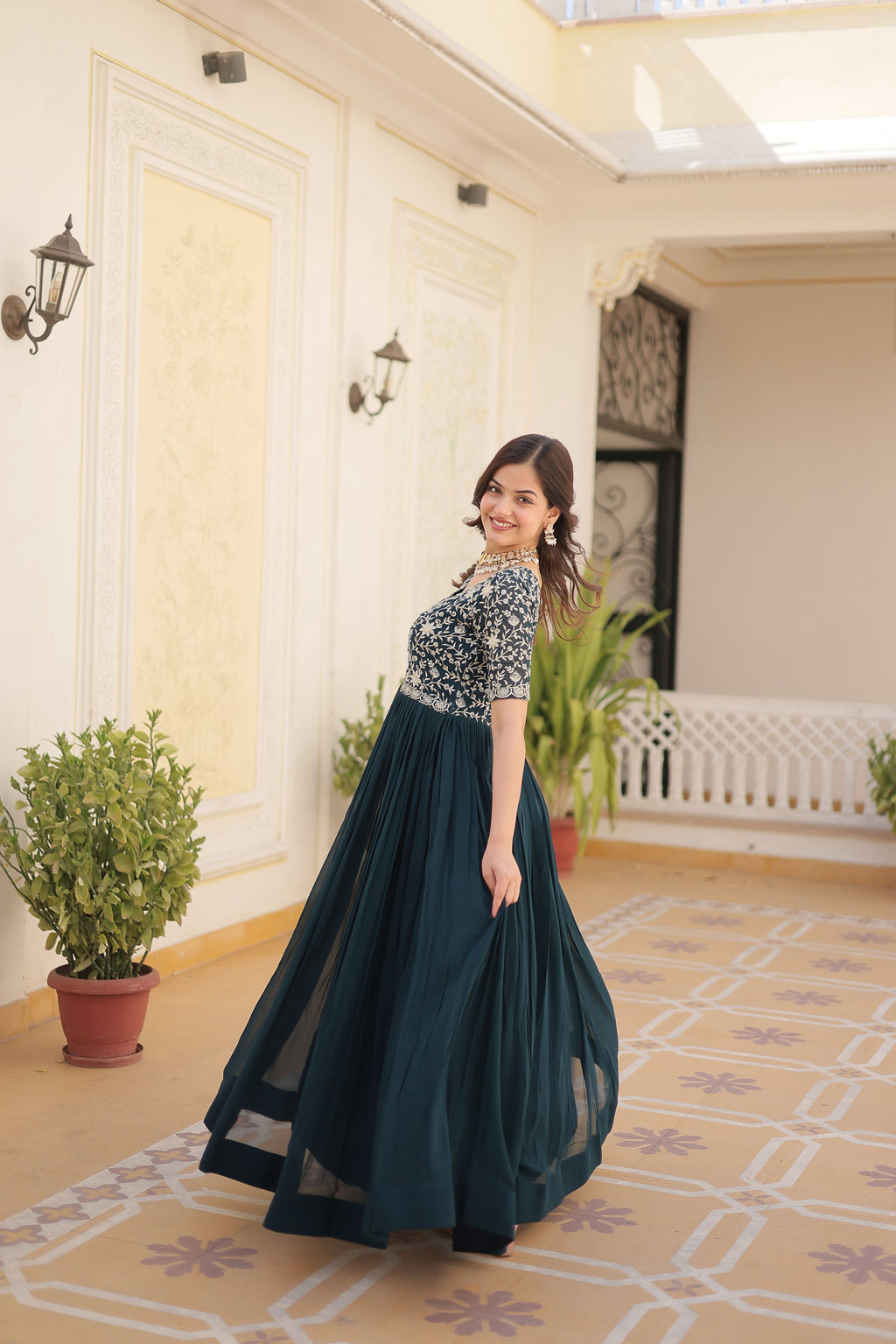 Teeya Creation Rama Color Faux Georgette Embroidery Sequence Work Fully Stitched Gown | Grocsy