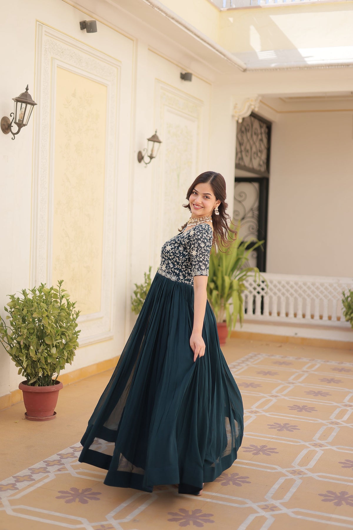 Teeya Creation Rama Color Faux Georgette Embroidery Sequence Work Fully Stitched Gown | Grocsy