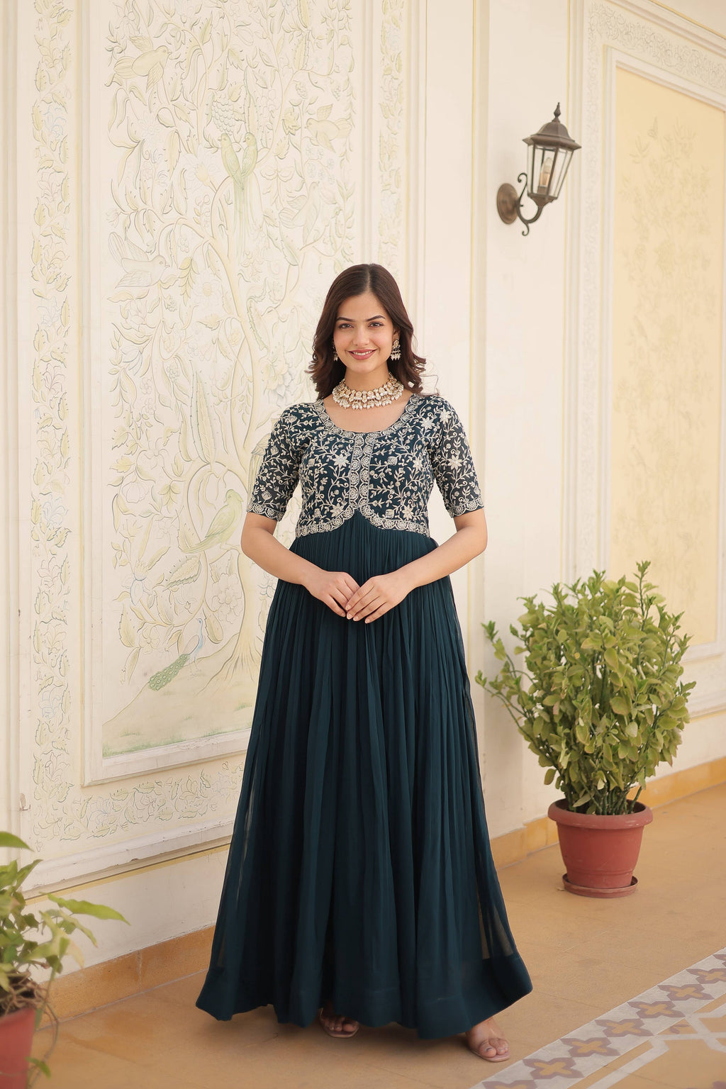 Teeya Creation Rama Color Faux Georgette Embroidery Sequence Work Fully Stitched Gown | Grocsy