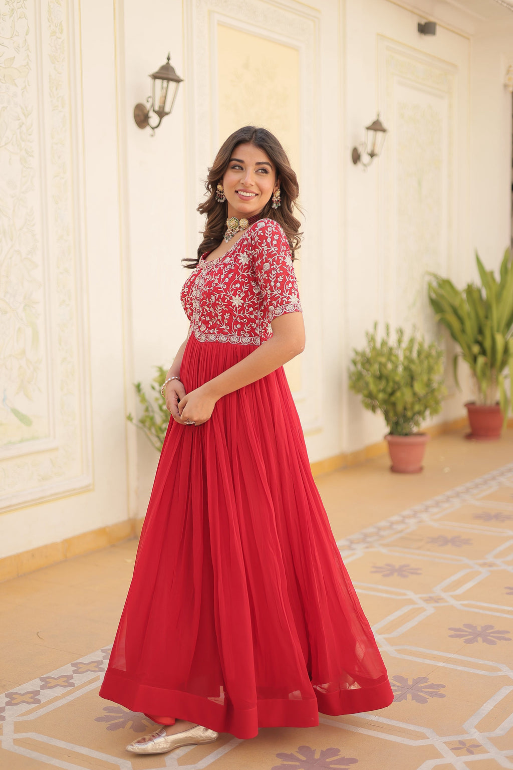 Teeya Creation Red Color Faux Georgette Embroidery Sequence Work Fully Stitched Gown | Grocsy