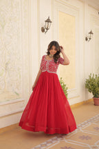 Teeya Creation Red Color Faux Georgette Embroidery Sequence Work Fully Stitched Gown | Grocsy