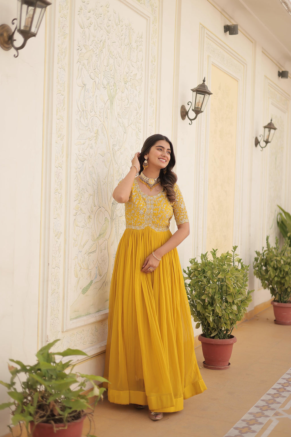 Teeya Creation Yellow Color Faux Georgette Embroidery Sequence Work Fully Stitched Gown | Grocsy
