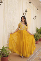 Teeya Creation Yellow Color Faux Georgette Embroidery Sequence Work Fully Stitched Gown | Grocsy