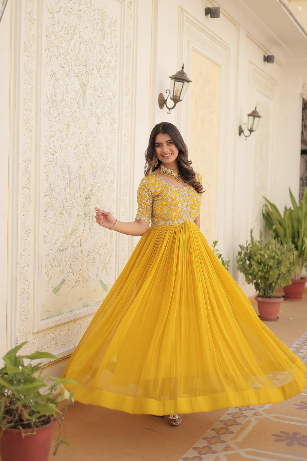 Teeya Creation Yellow Color Faux Georgette Embroidery Sequence Work Fully Stitched Gown | Grocsy