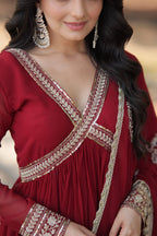 Teeya Creation Maroon Color Faux Georgette Zari Embroidery Work Fully Stitched Anarkali Gown | Grocsy