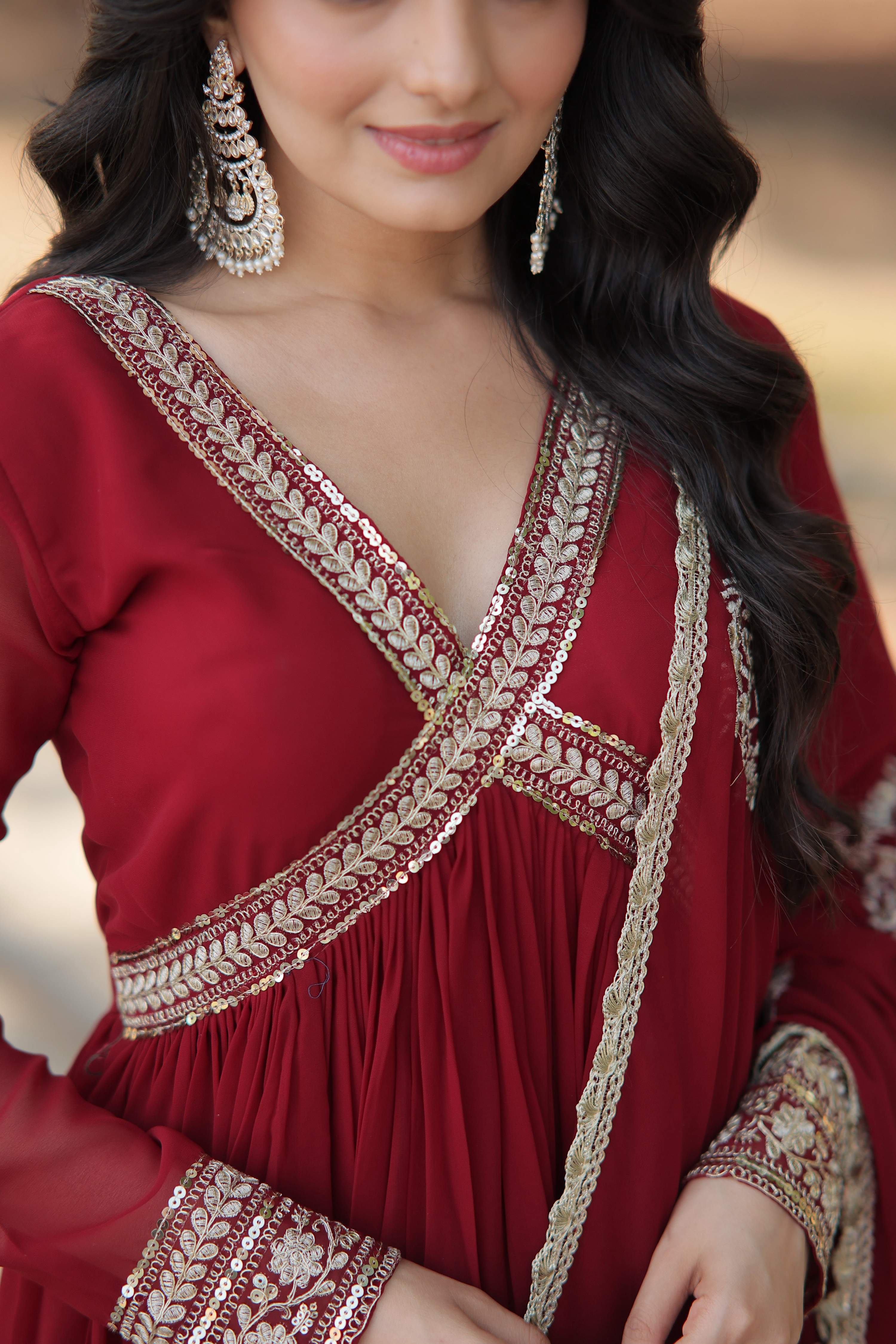 Teeya Creation Maroon Color Faux Georgette Zari Embroidery Work Fully Stitched Anarkali Gown | Grocsy