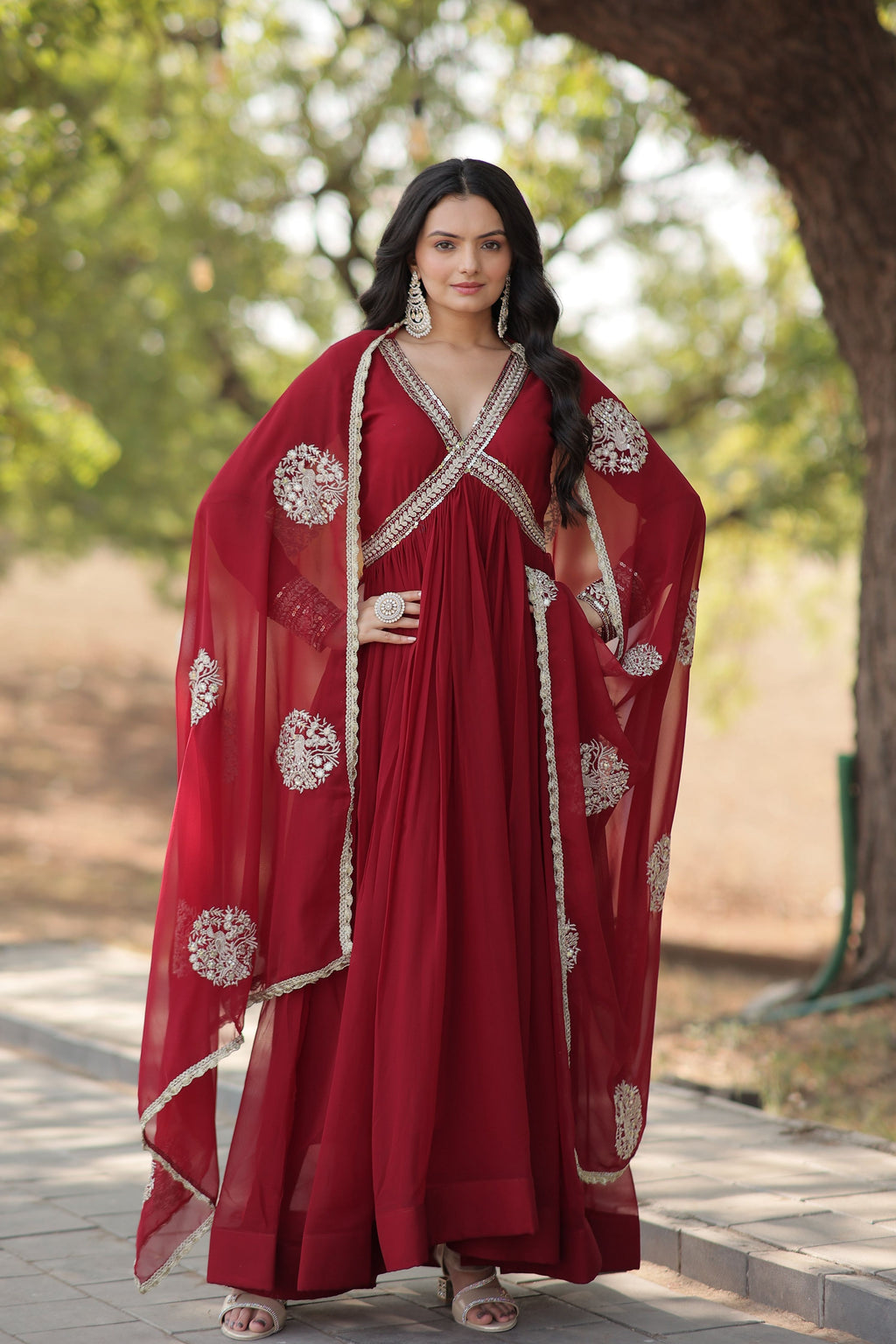 Teeya Creation Maroon Color Faux Georgette Zari Embroidery Work Fully Stitched Anarkali Gown | Grocsy