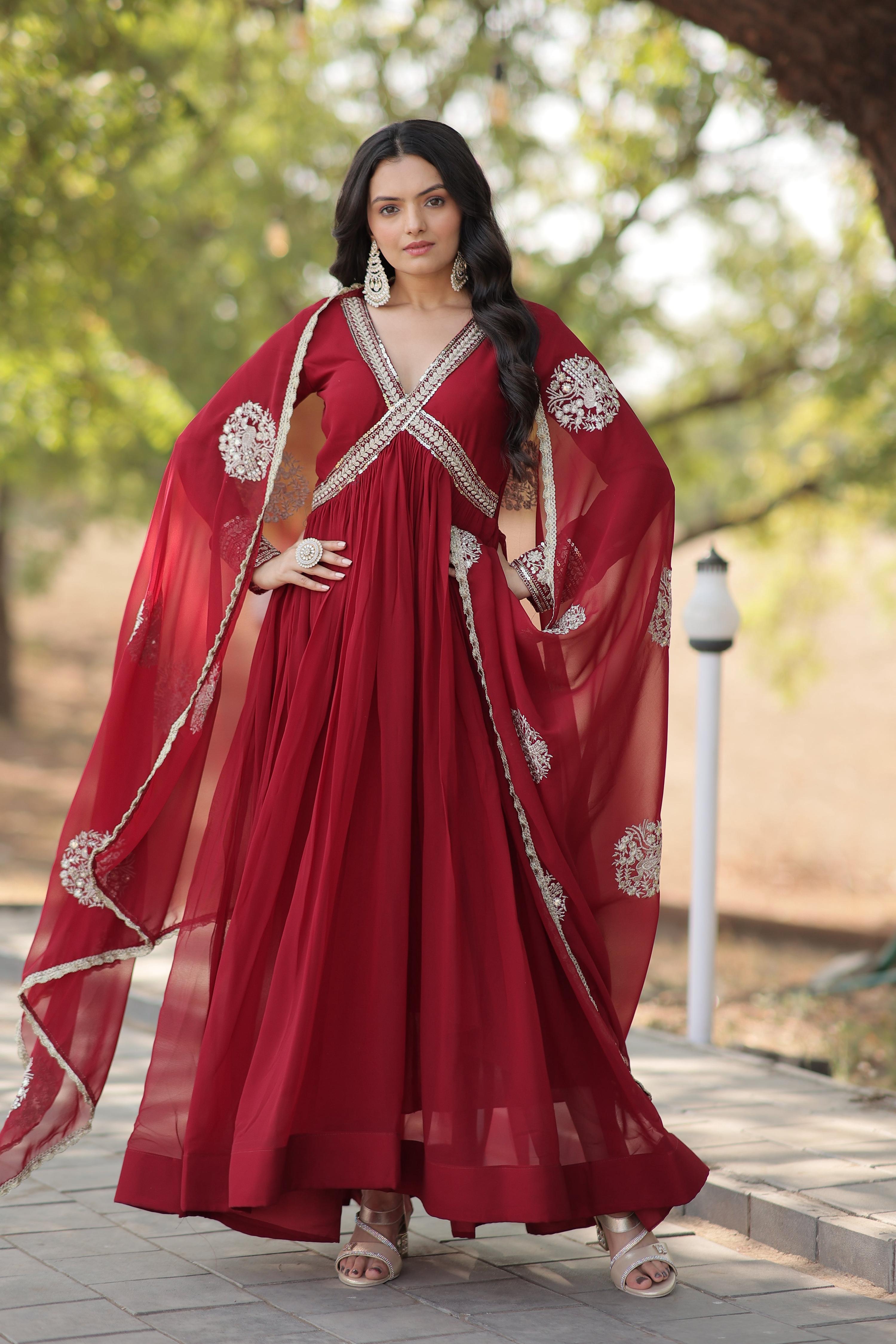 Teeya Creation Maroon Color Faux Georgette Zari Embroidery Work Fully Stitched Anarkali Gown | Grocsy