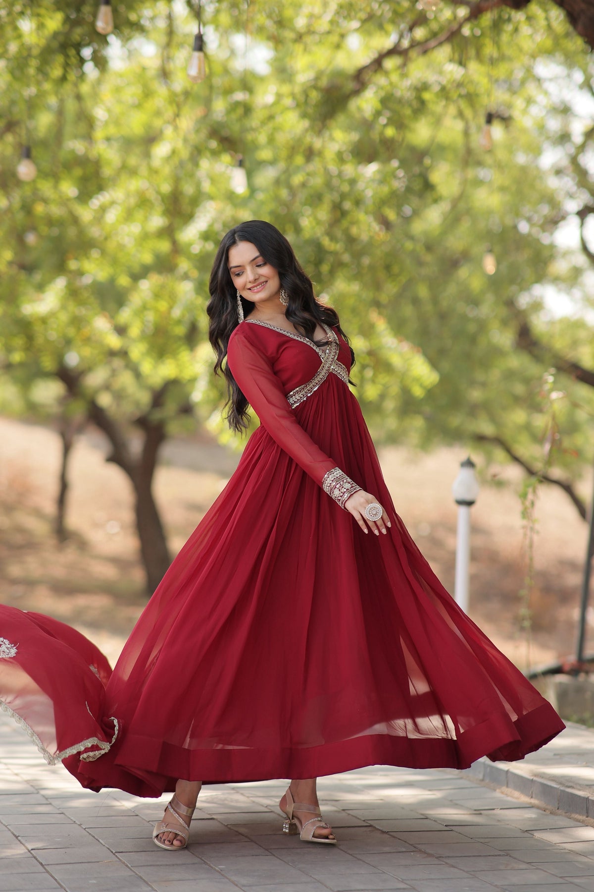 Teeya Creation Maroon Color Faux Georgette Zari Embroidery Work Fully Stitched Anarkali Gown | Grocsy