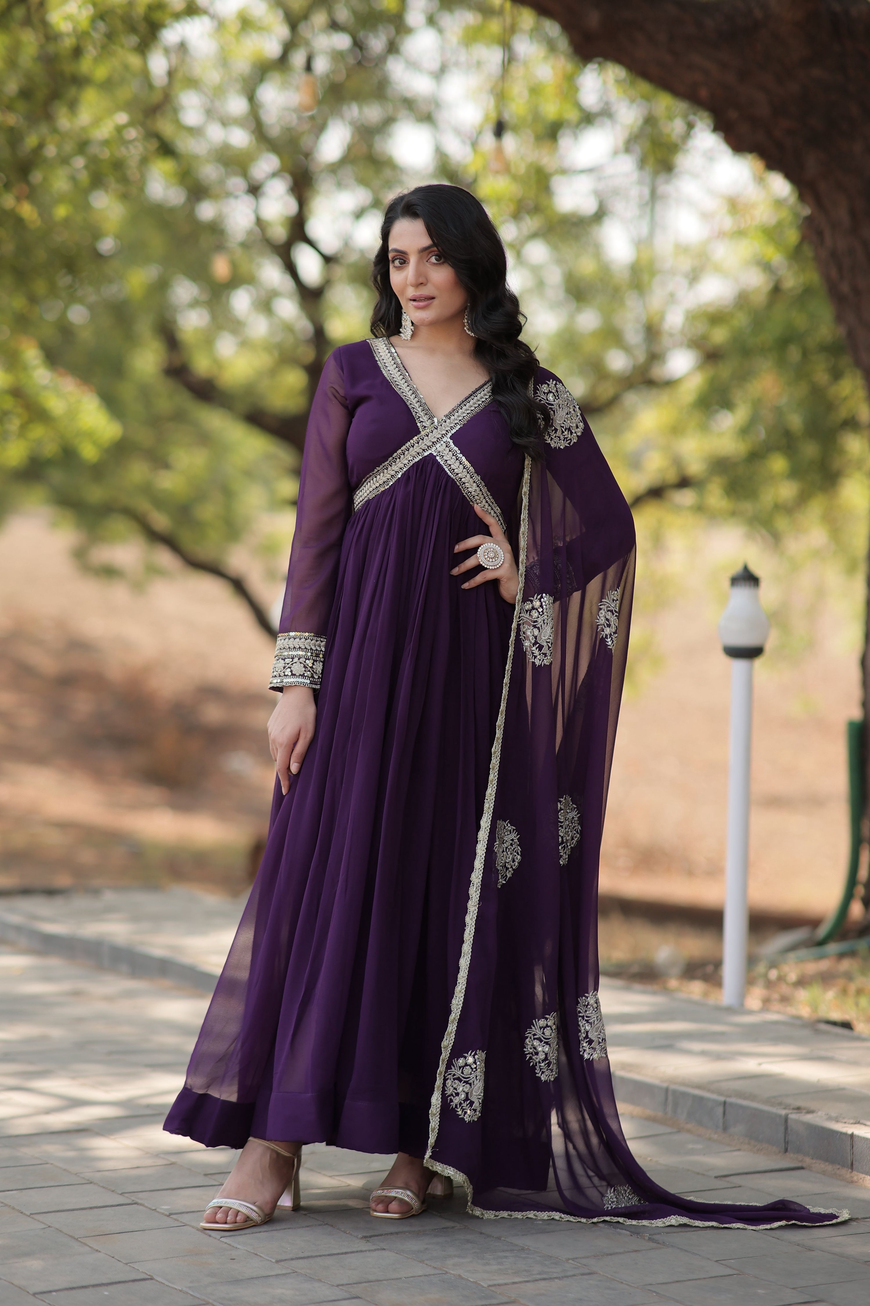 Teeya Creation Purple Color Faux Georgette Zari Embroidery Work Fully Stitched Anarkali Gown | Grocsy
