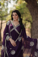 Teeya Creation Purple Color Faux Georgette Zari Embroidery Work Fully Stitched Anarkali Gown | Grocsy