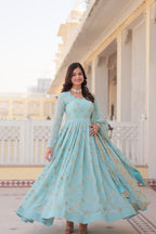 Teeya Creation Sky Color Faux Georgette Beautiful Embroidery Work Fully Stitched Gown | Grocsy