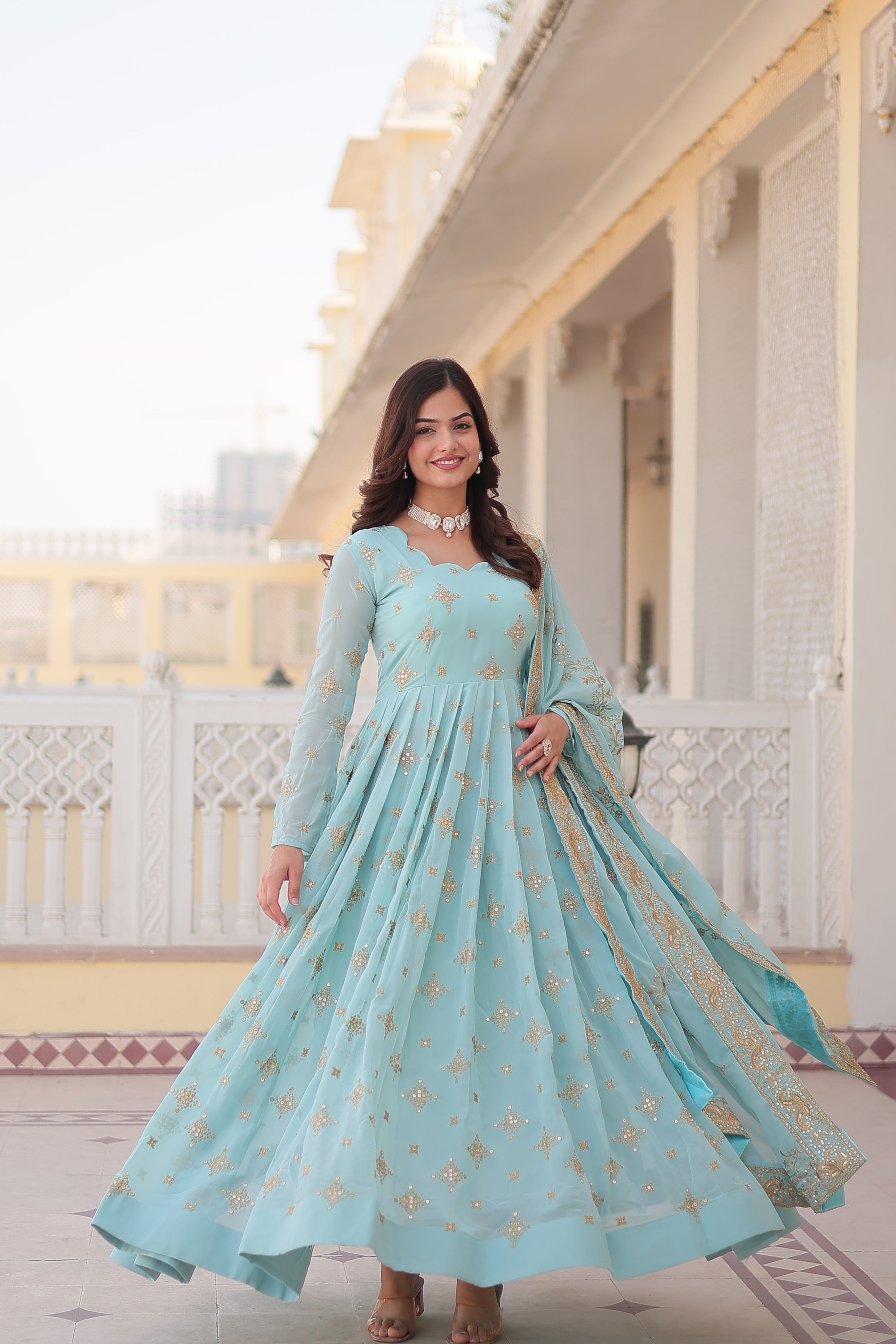 Teeya Creation Sky Color Faux Georgette Beautiful Embroidery Work Fully Stitched Gown | Grocsy