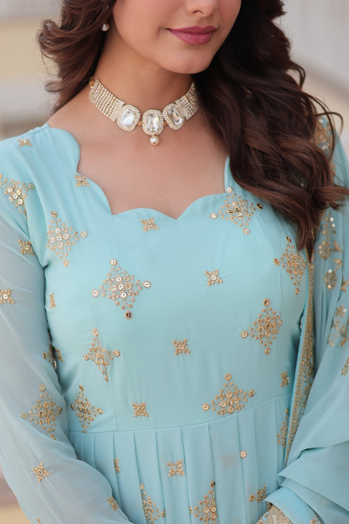 Teeya Creation Sky Color Faux Georgette Beautiful Embroidery Work Fully Stitched Gown | Grocsy