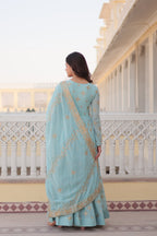 Teeya Creation Sky Color Faux Georgette Beautiful Embroidery Work Fully Stitched Gown | Grocsy