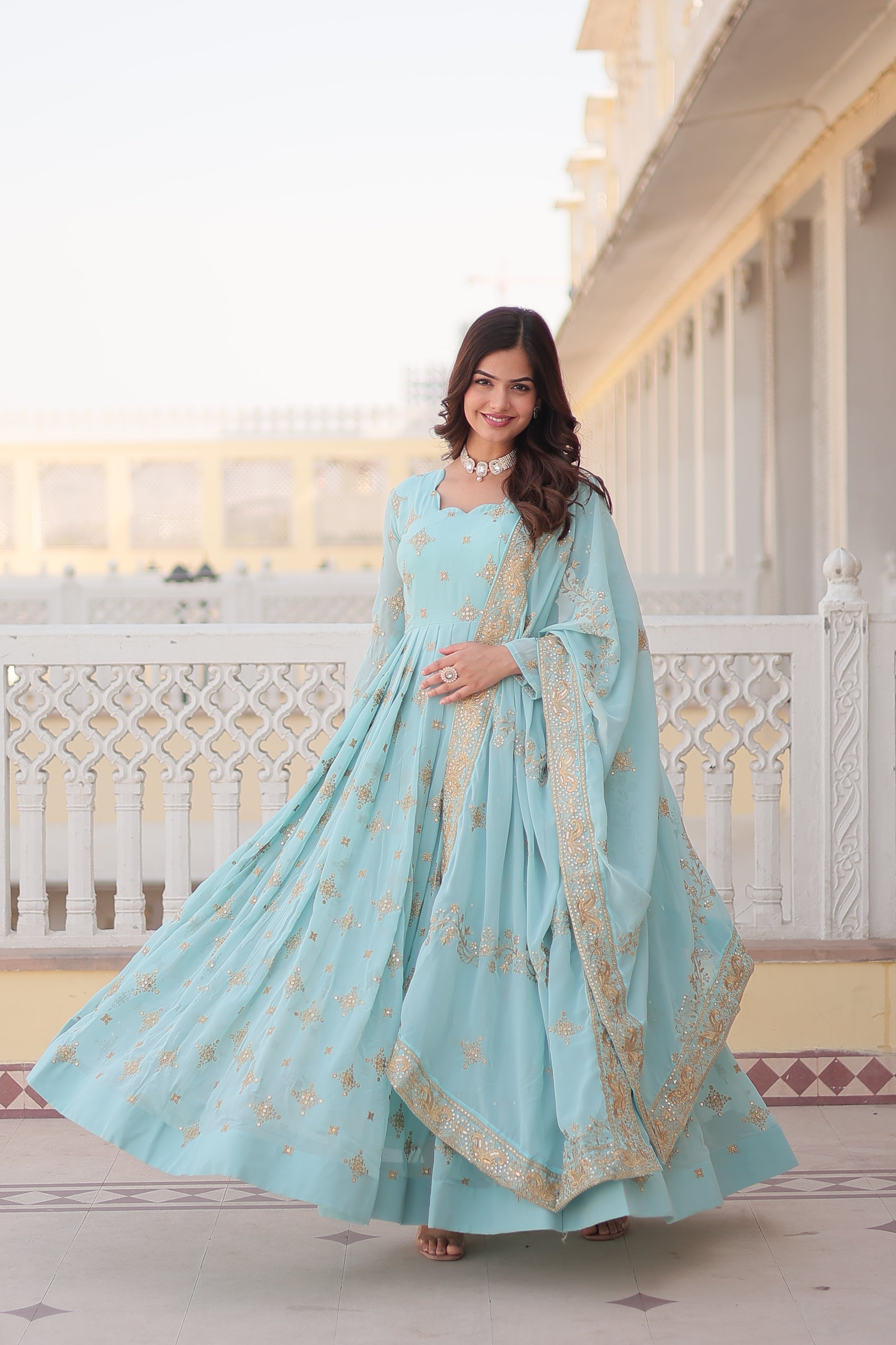Teeya Creation Sky Color Faux Georgette Beautiful Embroidery Work Fully Stitched Gown | Grocsy