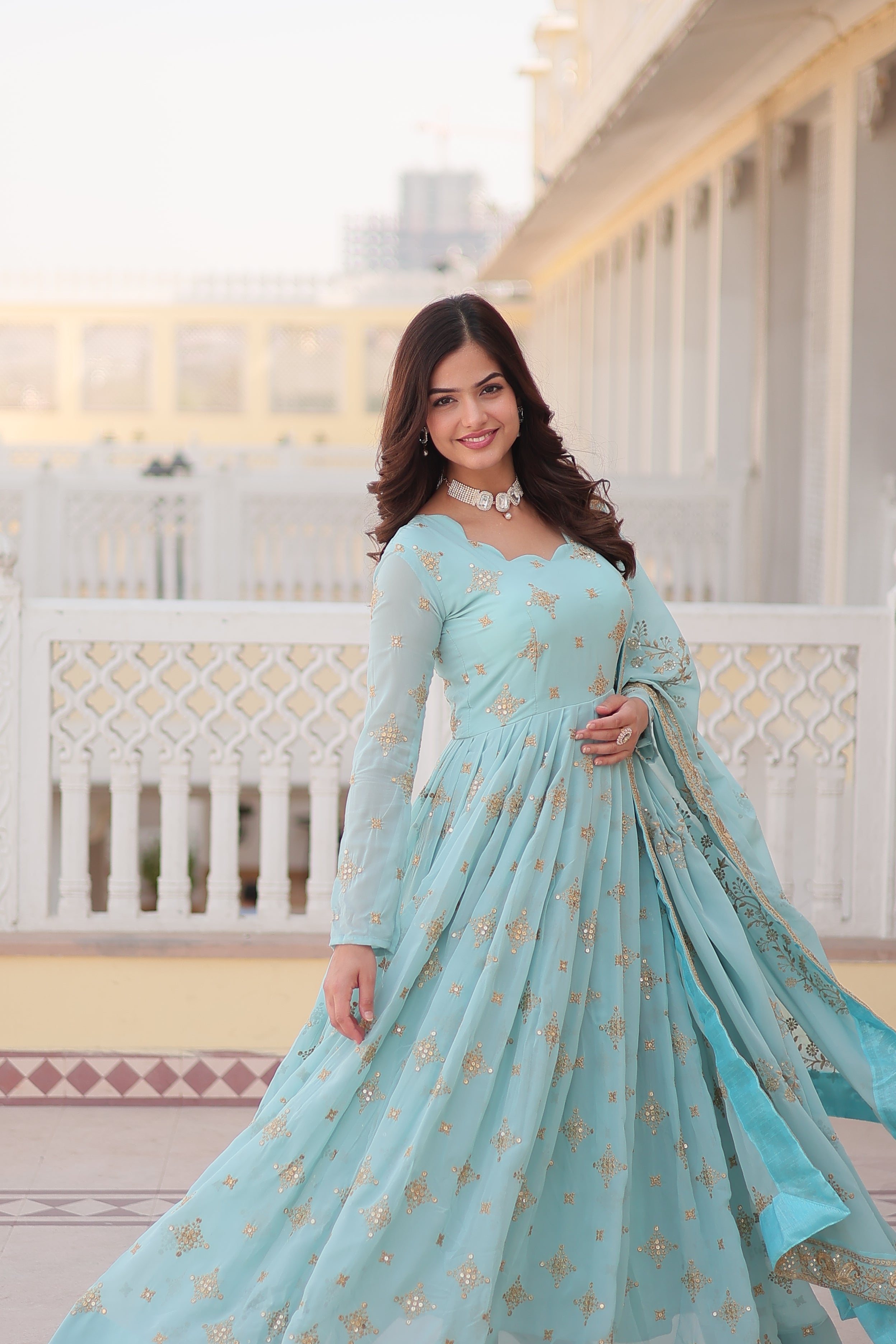 Teeya Creation Sky Color Faux Georgette Beautiful Embroidery Work Fully Stitched Gown | Grocsy