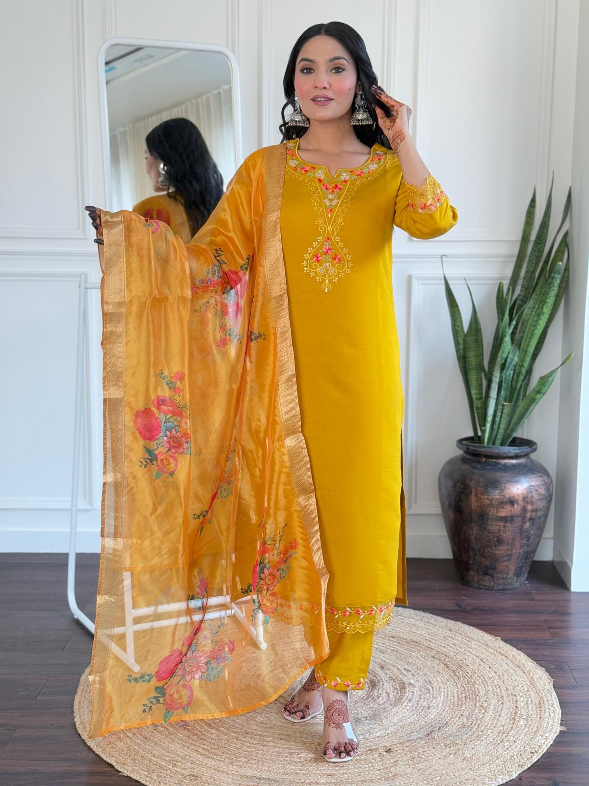 The52 Women's Roman Silk Embroidered Straight Kurta, Pant and Dupatta Set | Grocsy