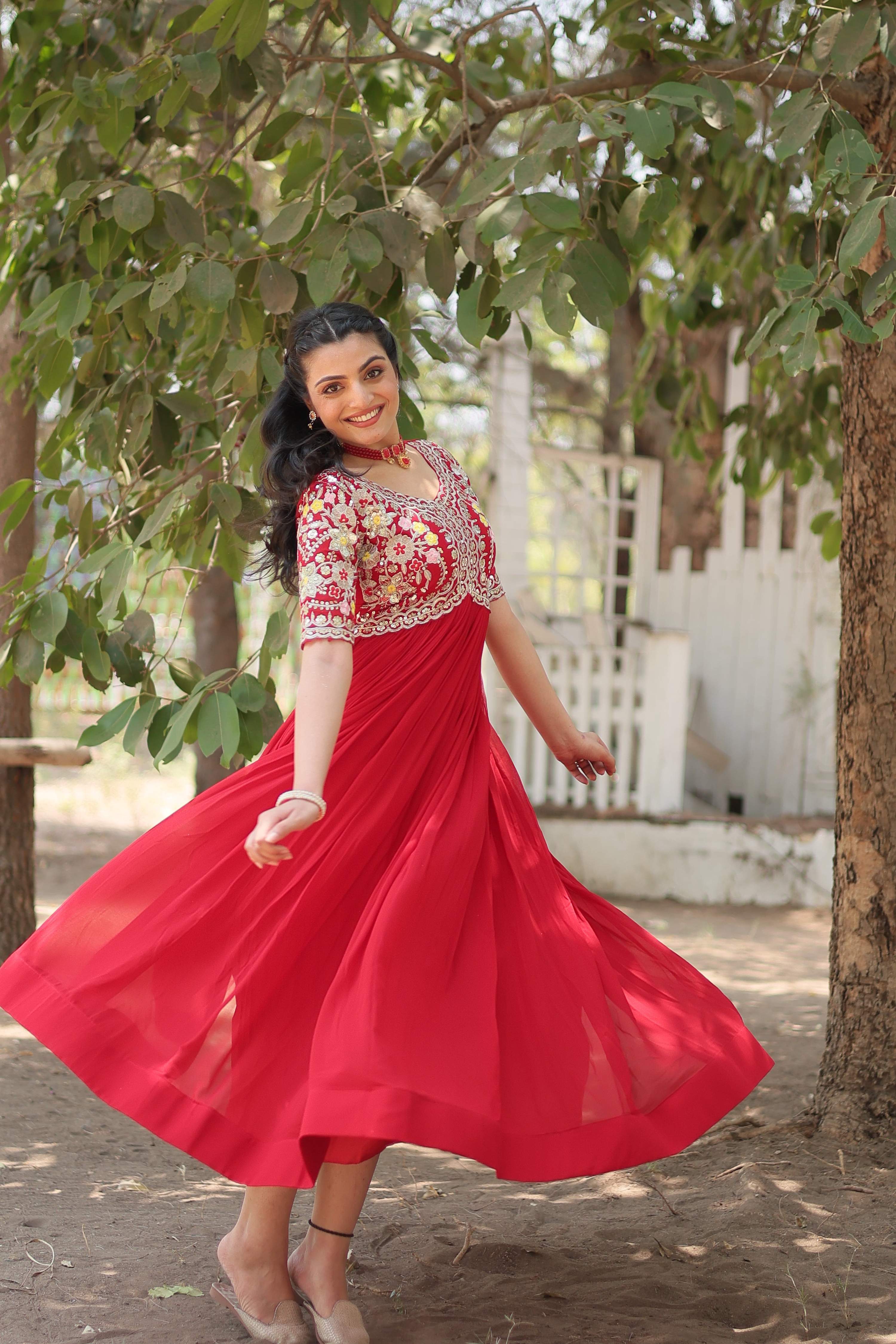 Teeya Creation Red Color Faux Georgette Embroidery Work Fully Stitched Kurti | Grocsy