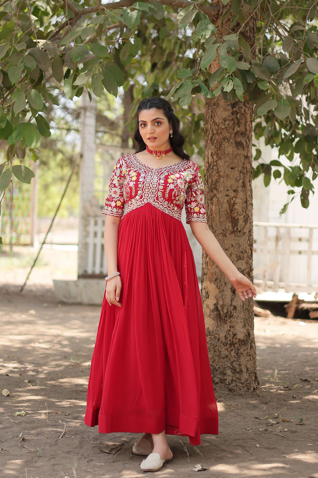 Teeya Creation Red Color Faux Georgette Embroidery Work Fully Stitched Kurti | Grocsy