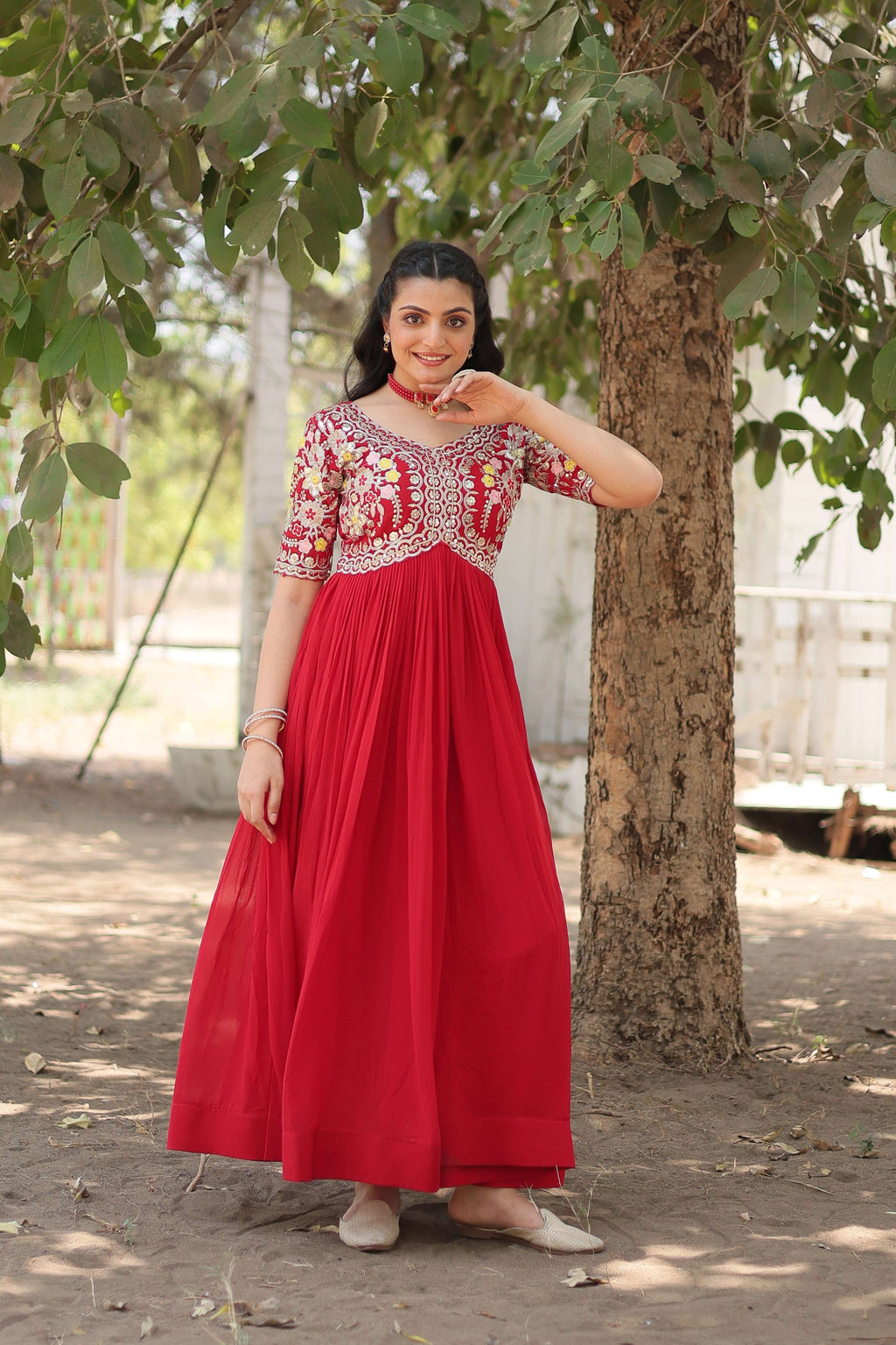 Teeya Creation Red Color Faux Georgette Embroidery Work Fully Stitched Kurti | Grocsy
