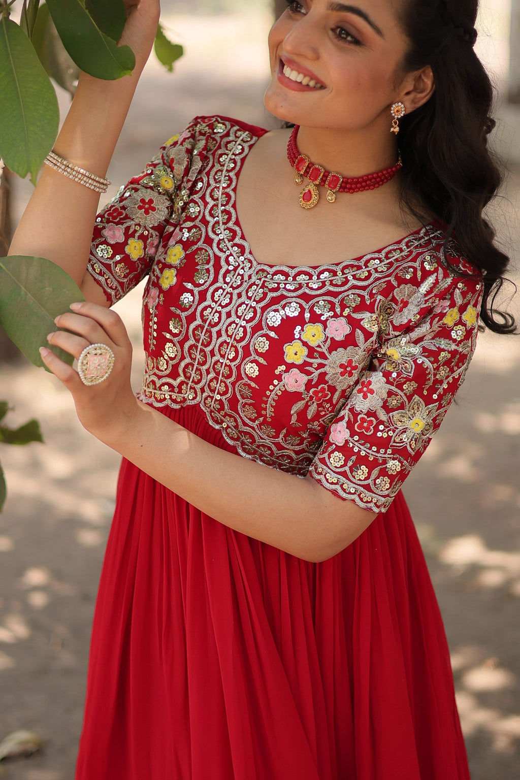 Teeya Creation Red Color Faux Georgette Embroidery Work Fully Stitched Kurti | Grocsy