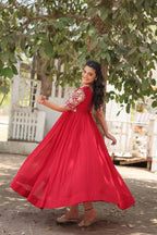 Teeya Creation Red Color Faux Georgette Embroidery Work Fully Stitched Kurti | Grocsy