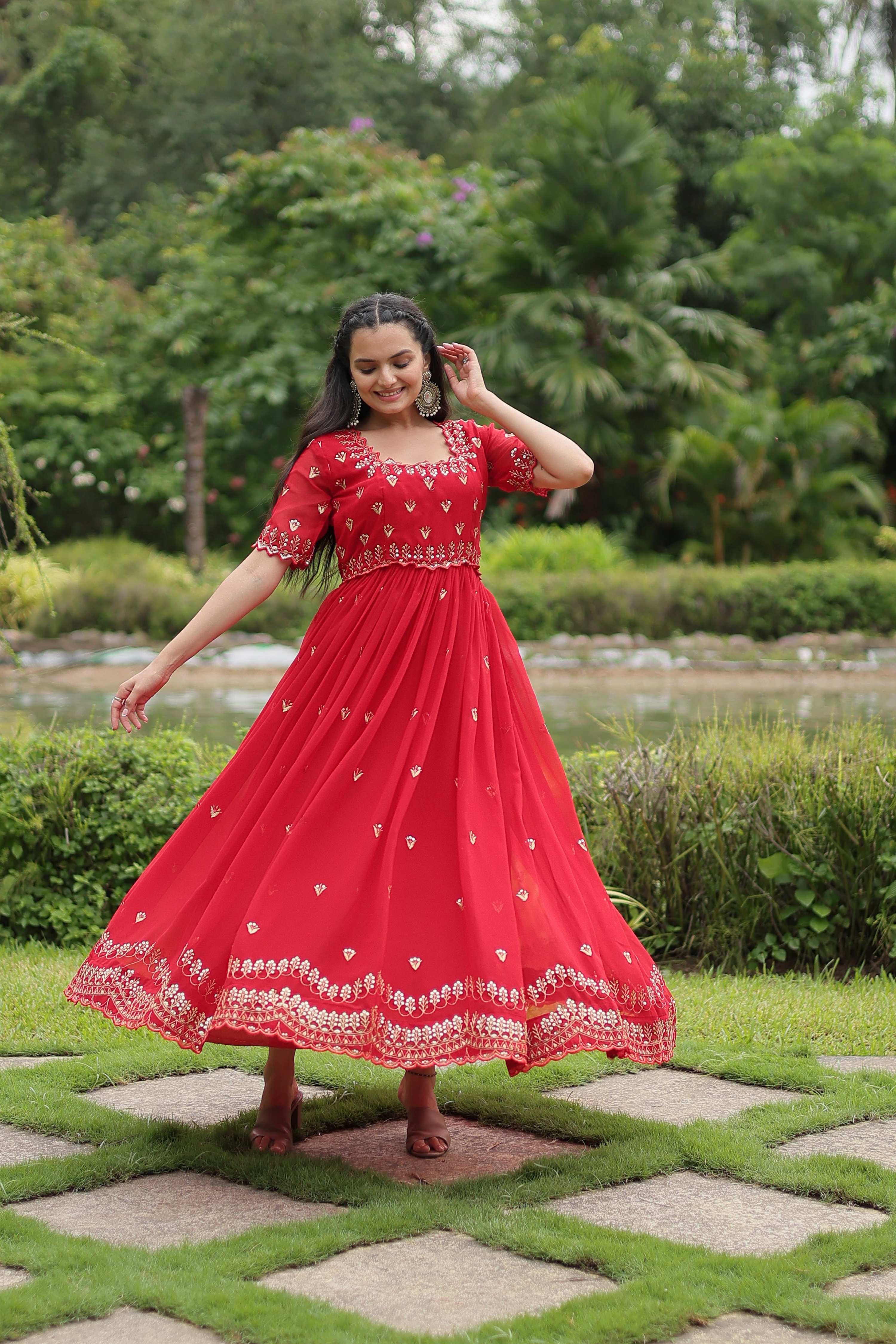 Teeya Creation Red Color Faux Georgette Embroidery Work Fully Stitched Kurti | Grocsy