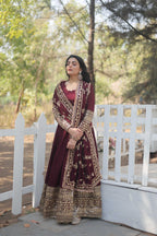 Teeya Creation Maroon Color Vichitra Simmar Silk Heavy Embroidery Work Fully Stitched Anarkali Gown | Grocsy