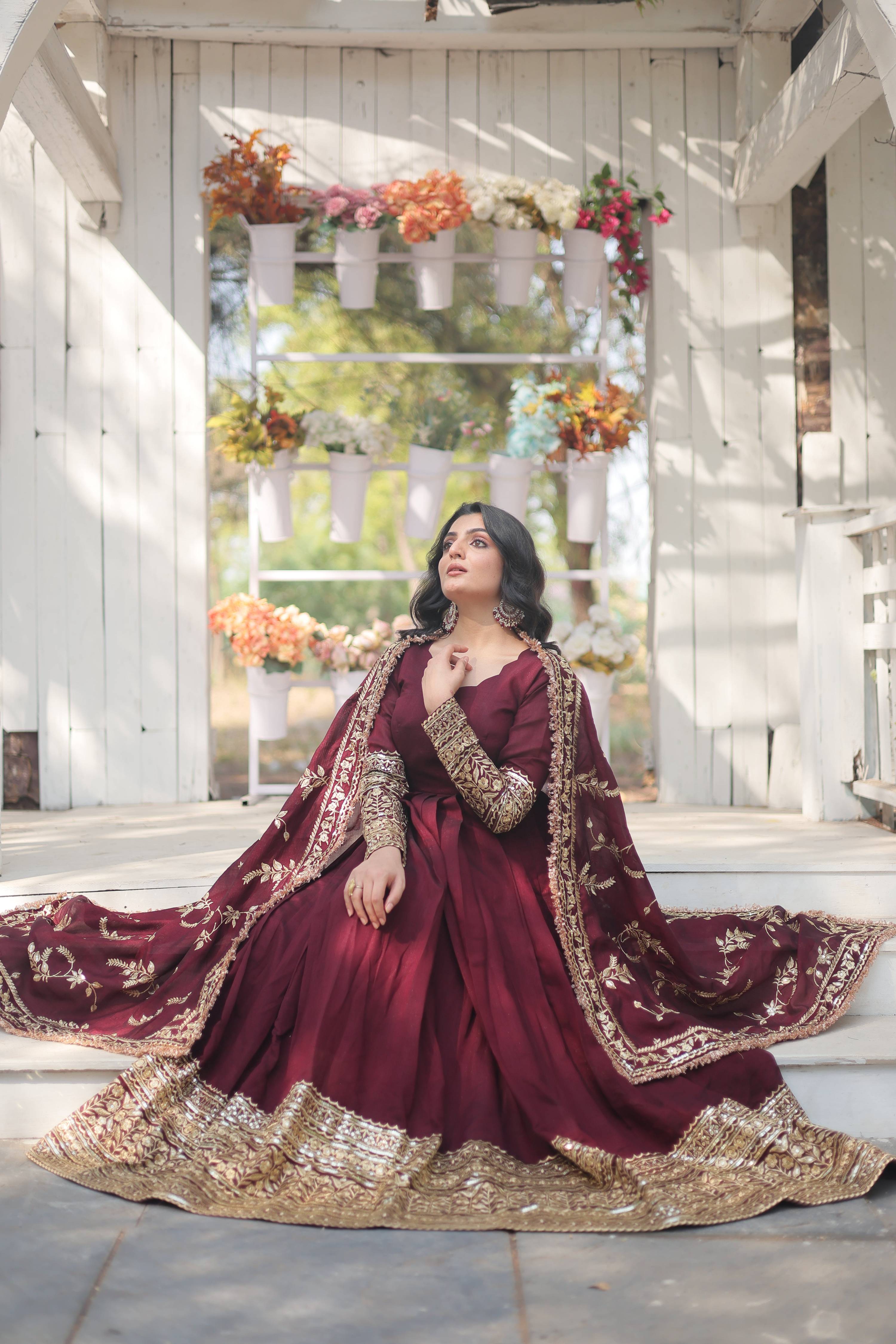 Teeya Creation Maroon Color Vichitra Simmar Silk Heavy Embroidery Work Fully Stitched Anarkali Gown | Grocsy