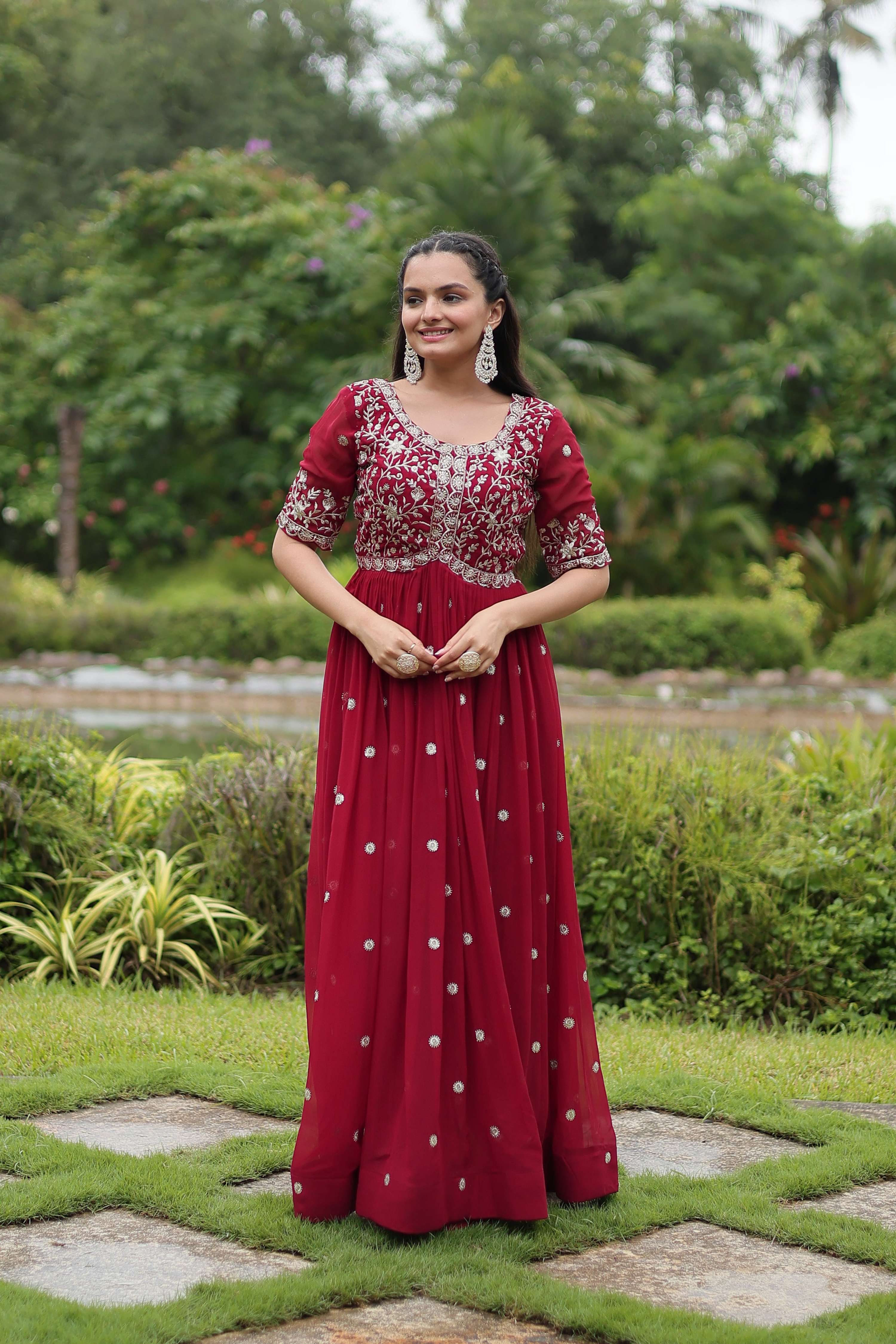 Teeya Creation Maroon Color Faux Georgette Embroidery Work Fully Stitched Kurti | Grocsy