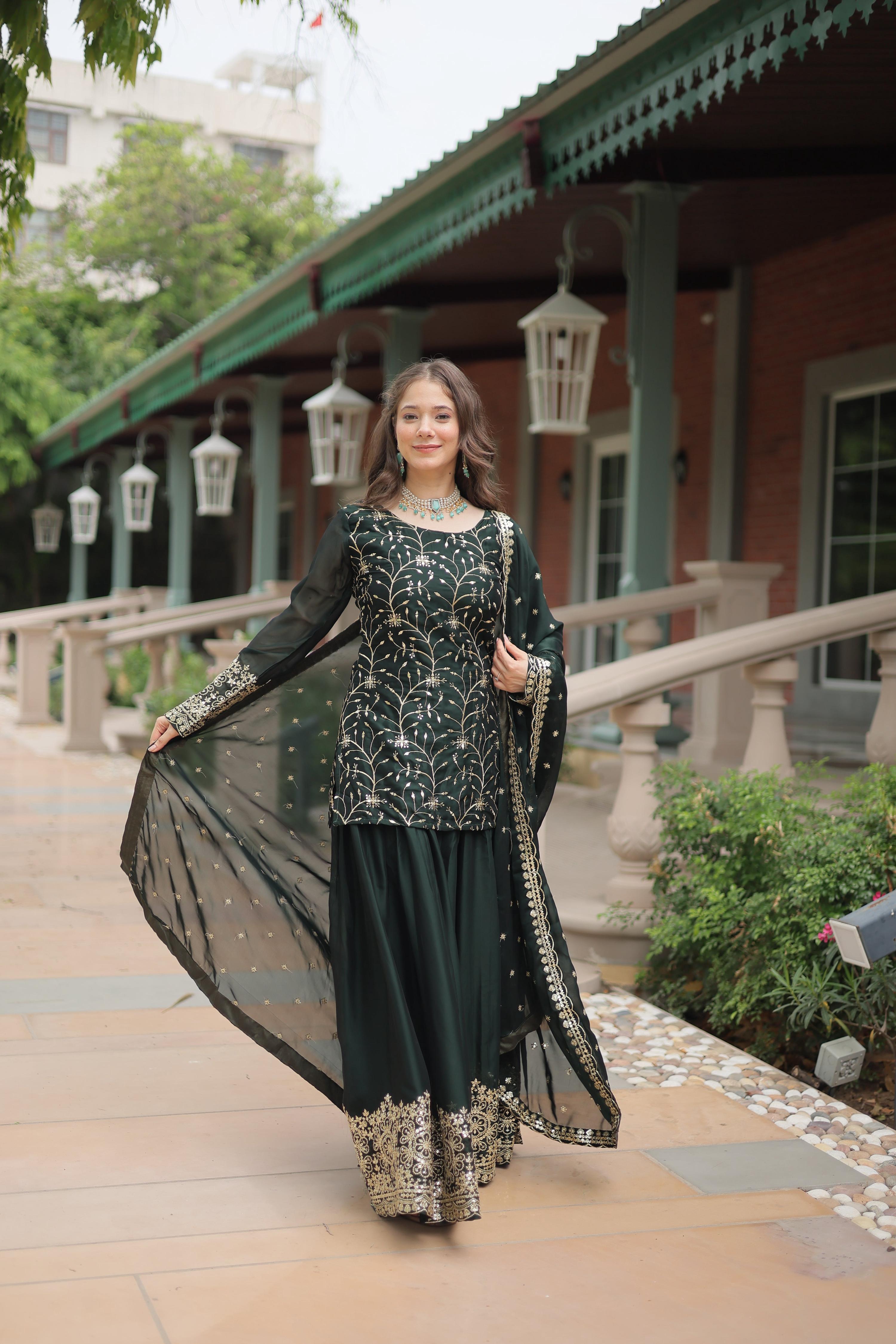 Teeya Creation Green Color rangoli Silk Heavy Sequence And Embroidery Work Fully Stitched Plazo Pair | Grocsy
