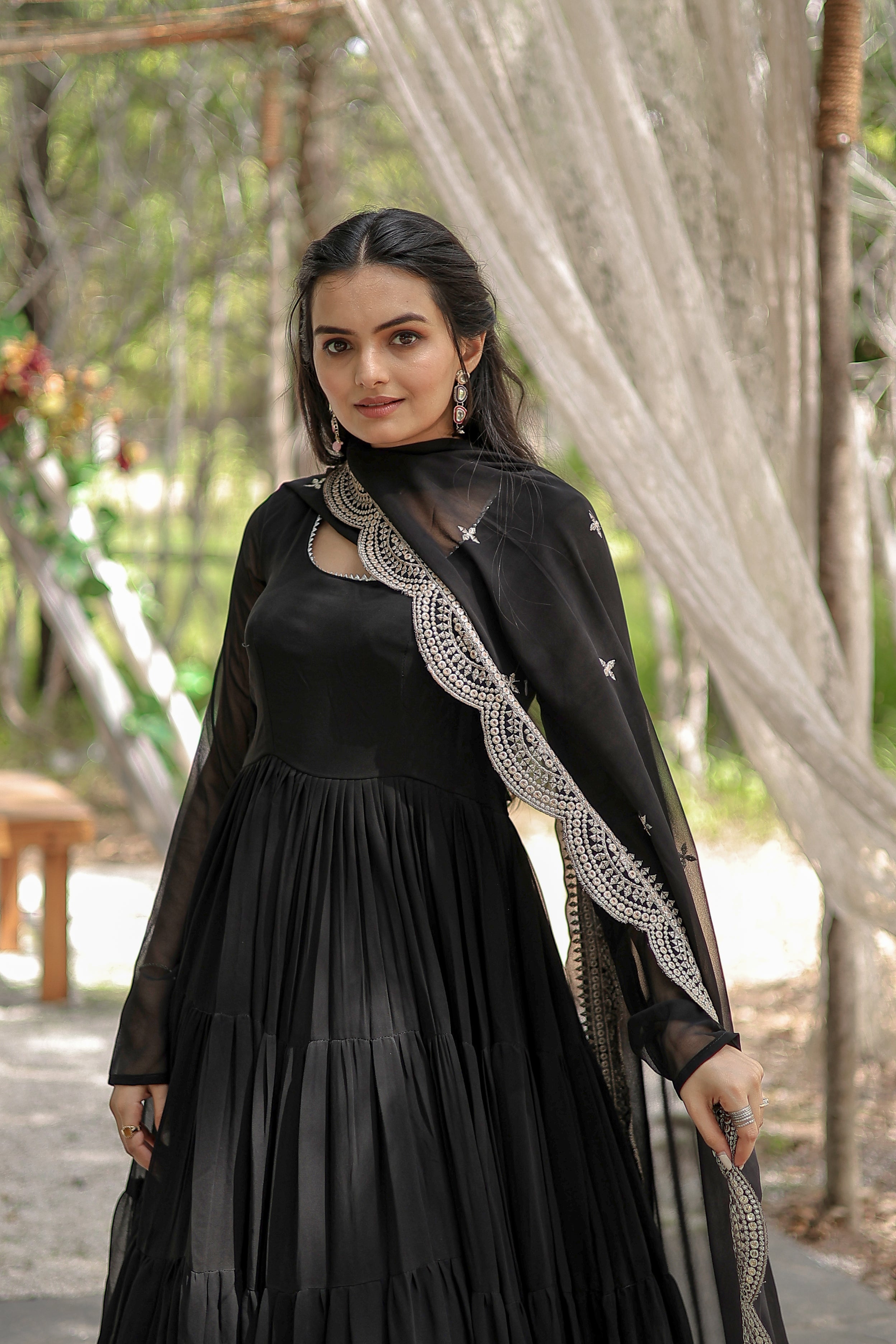 Teeya Creation Black Color Faux Georgette Heavy Embroidery Work Dupatta Fully Stitched Gown | Grocsy