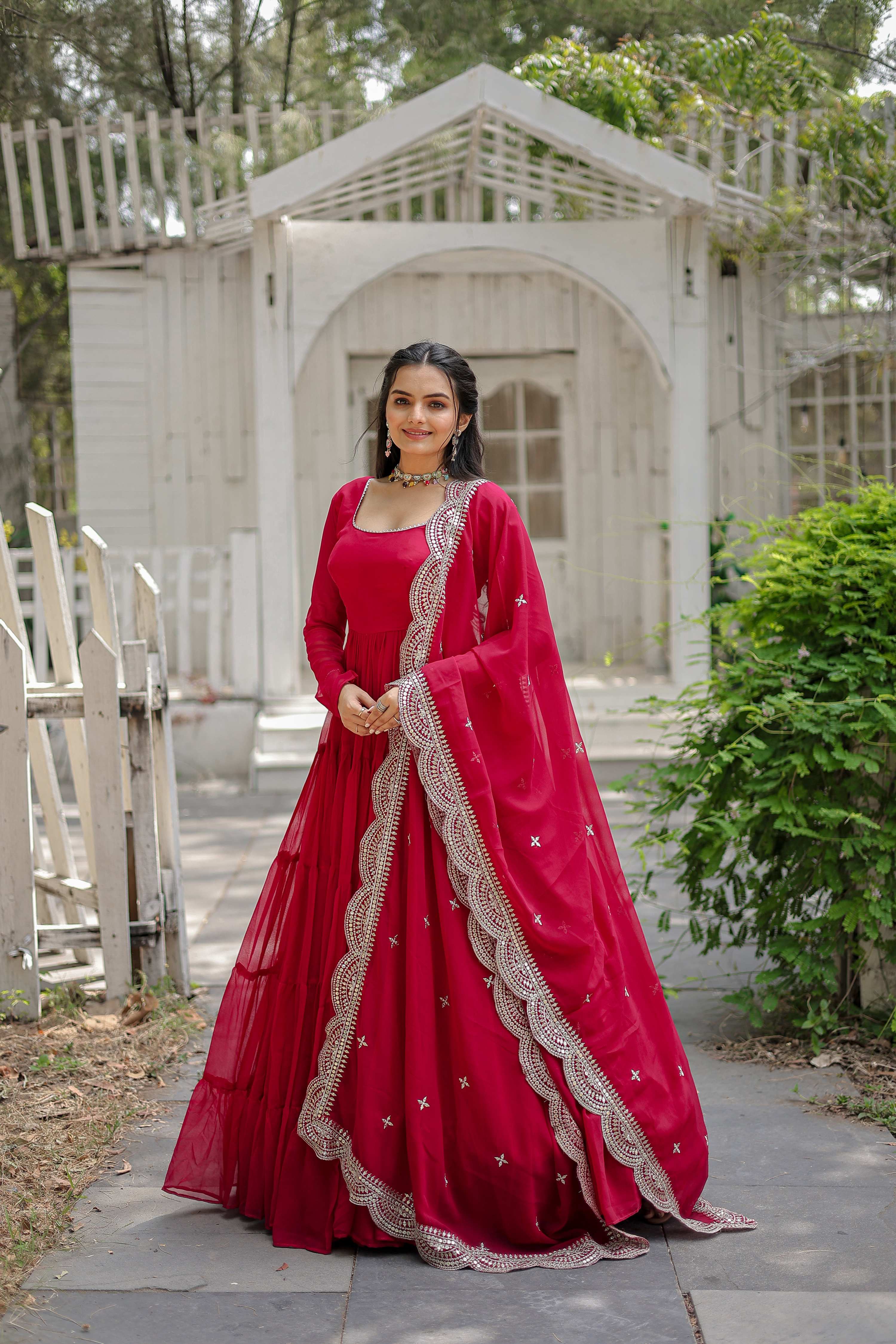 Teeya Creation Pink Color Faux Georgette Heavy Embroidery Work Dupatta Fully Stitched Gown | Grocsy