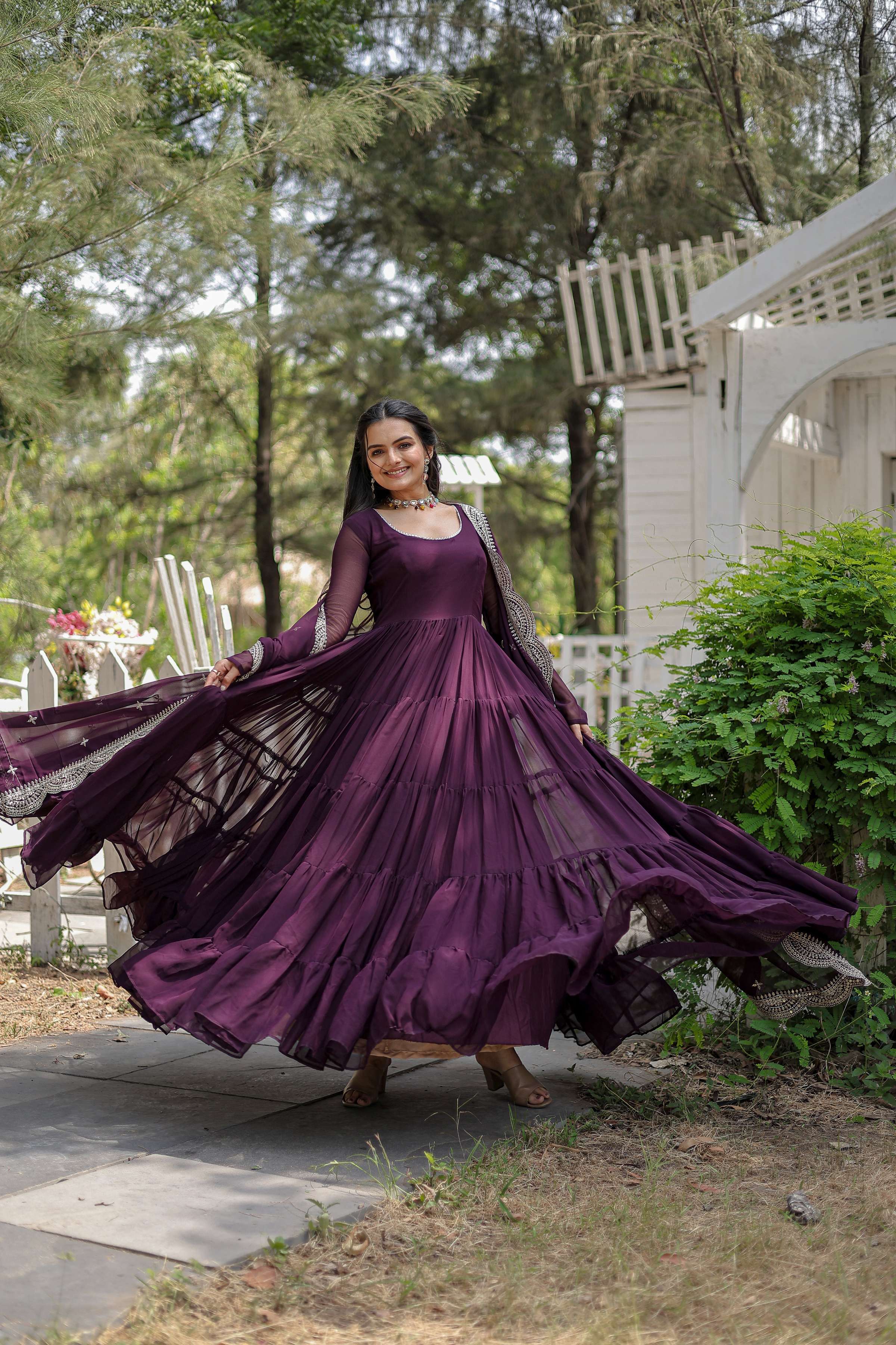 Teeya Creation Wine Color Faux Georgette Heavy Embroidery Work Dupatta Fully Stitched Gown | Grocsy