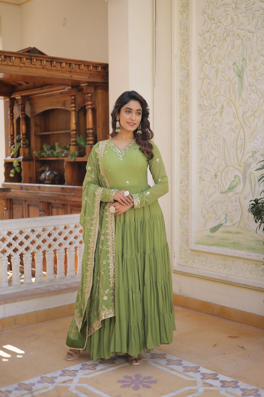 Teeya Creation Green Color Faux Georgette Heavy Work Fully Stitched Gown | Grocsy