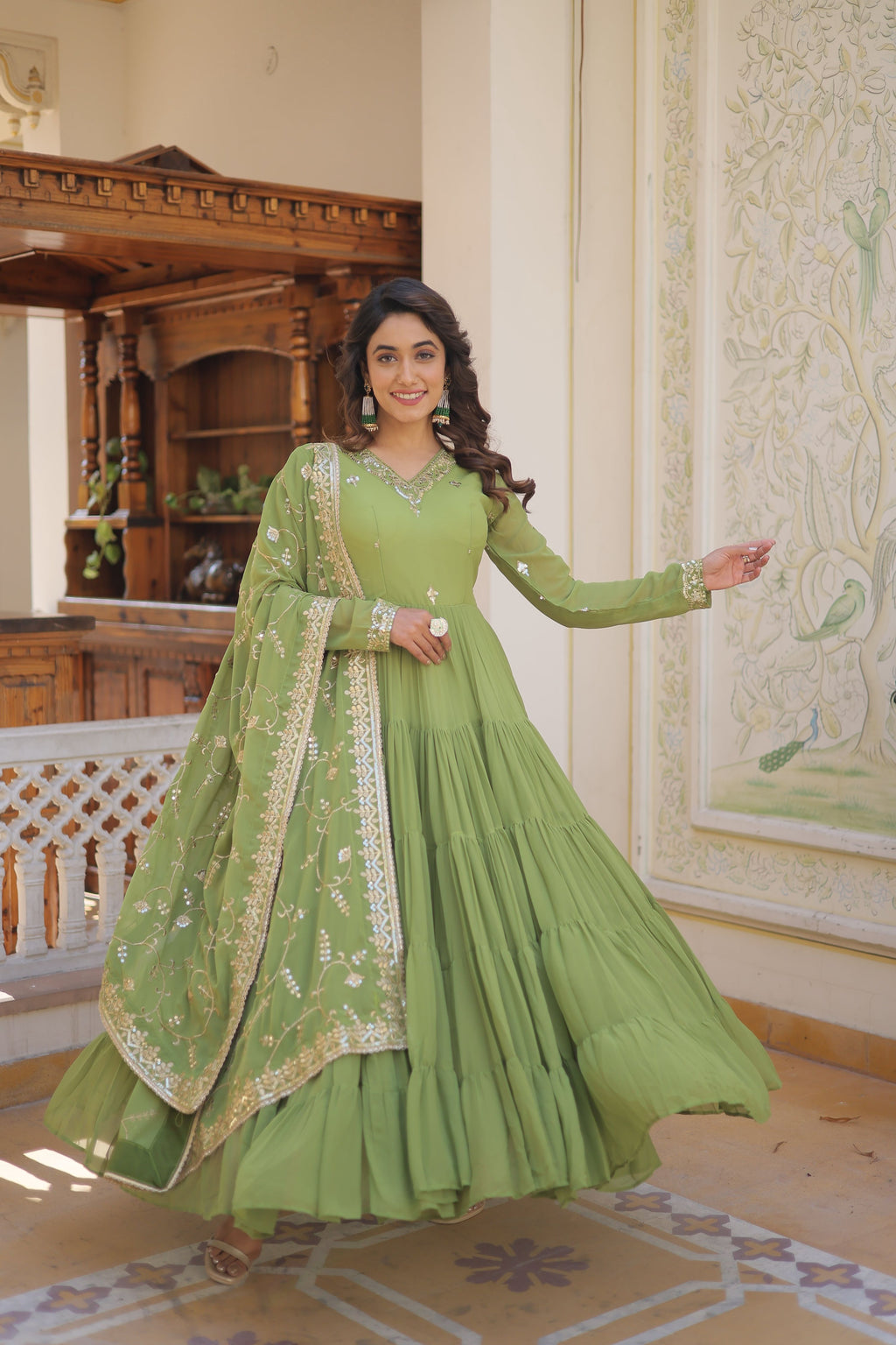 Teeya Creation Green Color Faux Georgette Heavy Work Fully Stitched Gown | Grocsy